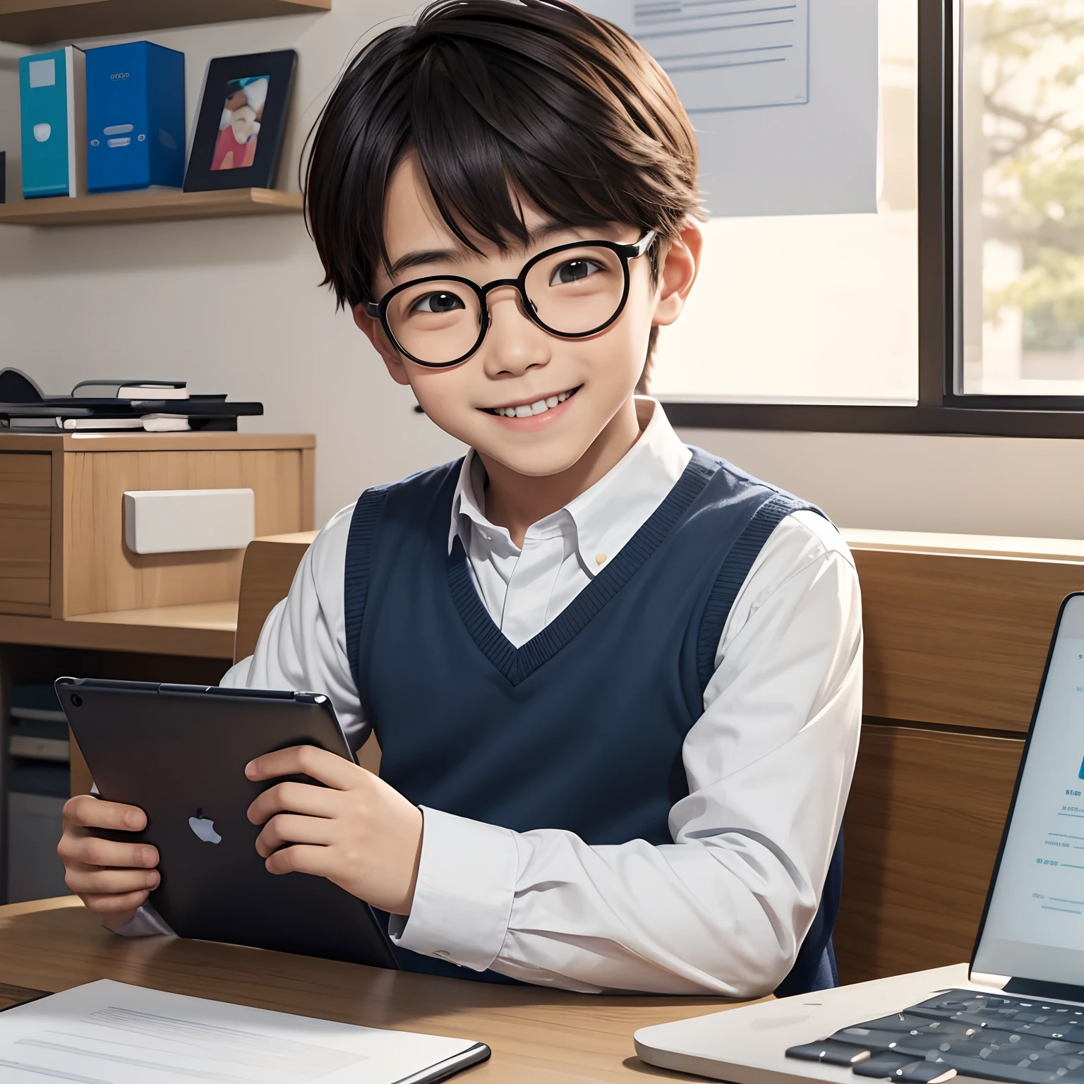 A boy with a cute face wearing round glasses、He is smiling at his desk at his i-pad, a computer with a camera in front of him