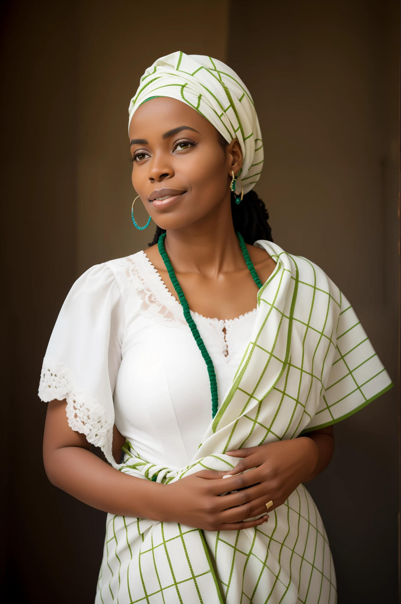 Arafed woman in a white dress and a green and white scarf, Retrato de Ororo Munroe, Mulher de 30 anos de Cuba, mulher africana, cloth head wrap, mulher somali, Aida Muluneh, foto de uma mulher negra, Ameera africana Al Taweel, beleza tradicional, ethiopian, Anos Imane, traje somali