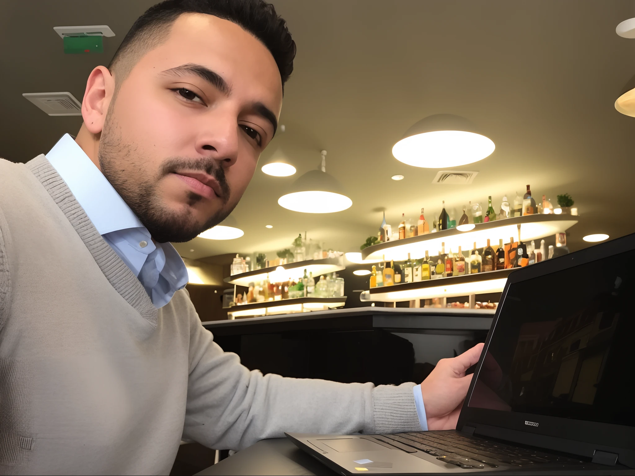Arafed man in a sweater and sweater holding a laptop, artista digital, Trabalhando em um laptop em uma mesa, com um laptop no colo, Streamer do Twitch / Jogador Ludwig, arte profissional, arte em alta, sentado no bar, working hard, sentado em frente ao computador, inspired by Germán Londoño