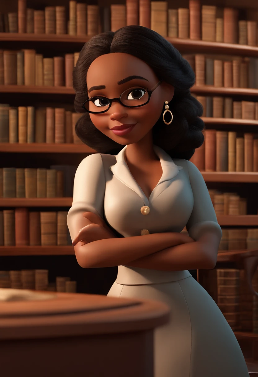Pixar style image with 3D character, a light-skinned black woman with glasses and a dress outfit, she is a lawyer and is well dressed in the background, a law office with bookshelf and books with depth, bem bonito faca os ajustes que julgar necessario para melhor estetica ela tem cabelo cacheado medio volume cachos soltos castanhos mulher empoderada, Anos Imane, andrea rocha, inspired by Antonín Chittussi, Magalie Villeneuve, imagem profissional, simone graci, imagem profissional, imagem de perfil, imagem de alta qualidade, Alanis Guillen, inspirado em Araceli Gilbert Maquiagem Disney,Pescador, bonitinho, sorridente ,Close-up, Pixar, Disney, Cinema lighting,