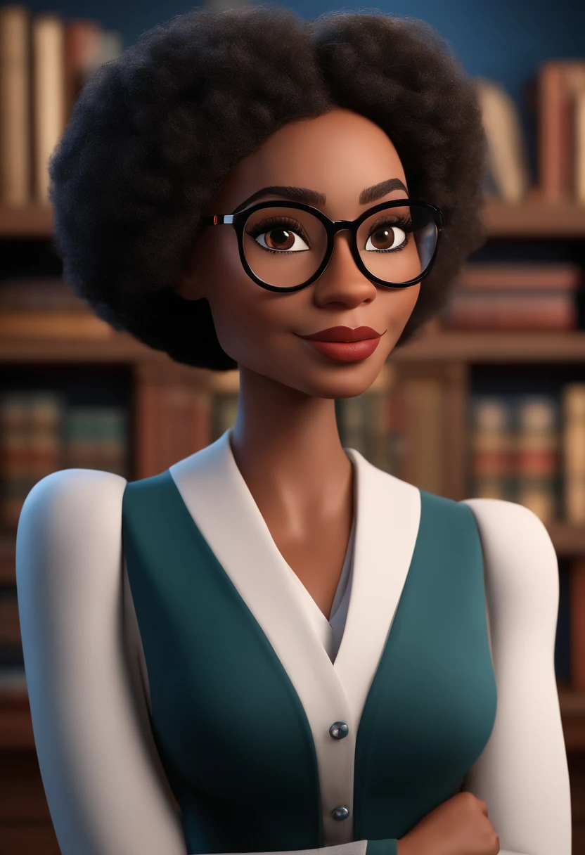 Pixar style image with 3D character, a light-skinned black woman with glasses and a dress outfit, she is a lawyer and is well dressed in the background, a law office with bookshelf and books with depth, bem bonito faca os ajustes que julgar necessario para melhor estetica ela tem cabelo cacheado medio volume cachos soltos castanhos mulher empoderada, Anos Imane, andrea rocha, inspired by Antonín Chittussi, Magalie Villeneuve, imagem profissional, simone graci, imagem profissional, imagem de perfil, imagem de alta qualidade, Alanis Guillen, inspirado em Araceli Gilbert Maquiagem Disney,Pescador, bonitinho, sorridente ,Close-up, Pixar, Disney, Cinema lighting,