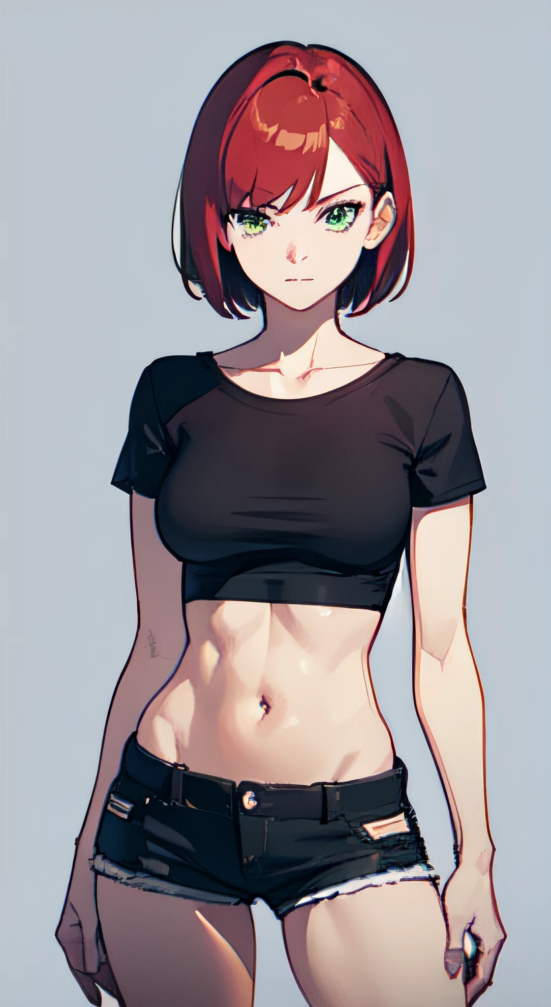a 1girl, Green eyes, Skinny, short, Black T-shirt, blue shorts, redhead hair, Short Hair Hair, Beautiful figure, beatiful face, 18 years, Correct anatomy, pretty eyes, in full height.