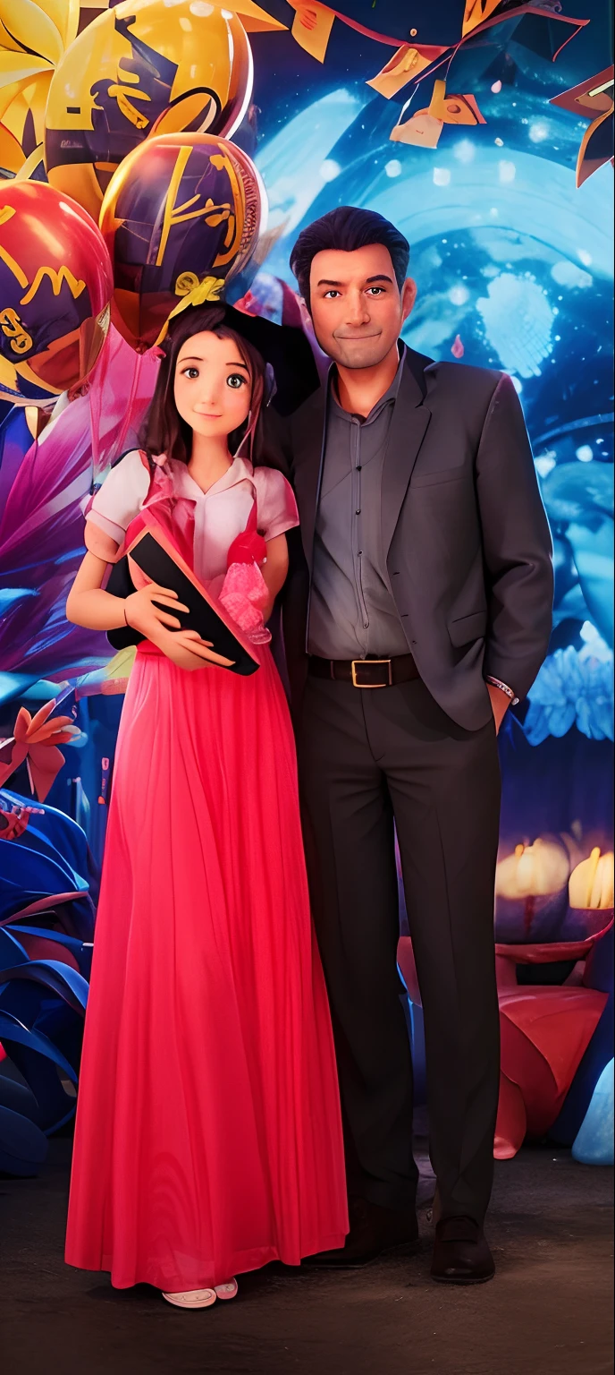 Father and daughter in a moment of celebration of graduation. Ambos altos, magros, ruivos. A filha tem 18 anos e ompai 44 anos.