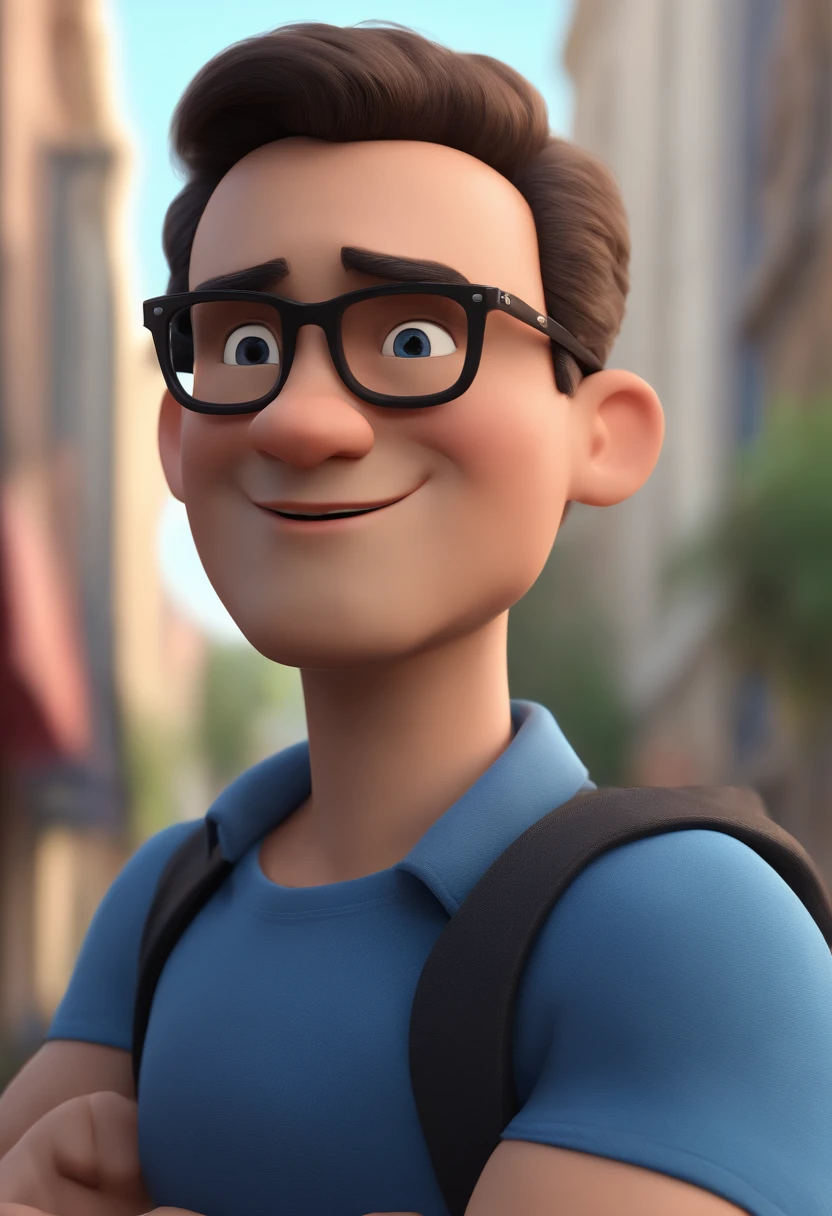 Cartoon character of a man with black glasses and a blue shirt, animation character, Caractere estilizado, animation style rendering, 3D estilizado, Arnold Maya render, 3 d render stylized, toon render keyshot, Personagem 3D, Personagem 3D, 3d rendering stylized, 3 d character render, personagem de desenho animado, Personagem de close up, Pose de personagem, (Estilo Pixar) (master part:1.2) (Bokeh) (best quality) (pele detalhada) (textura detalhada) (8k) (argila) (Cinematic lighting) (foco nítido
