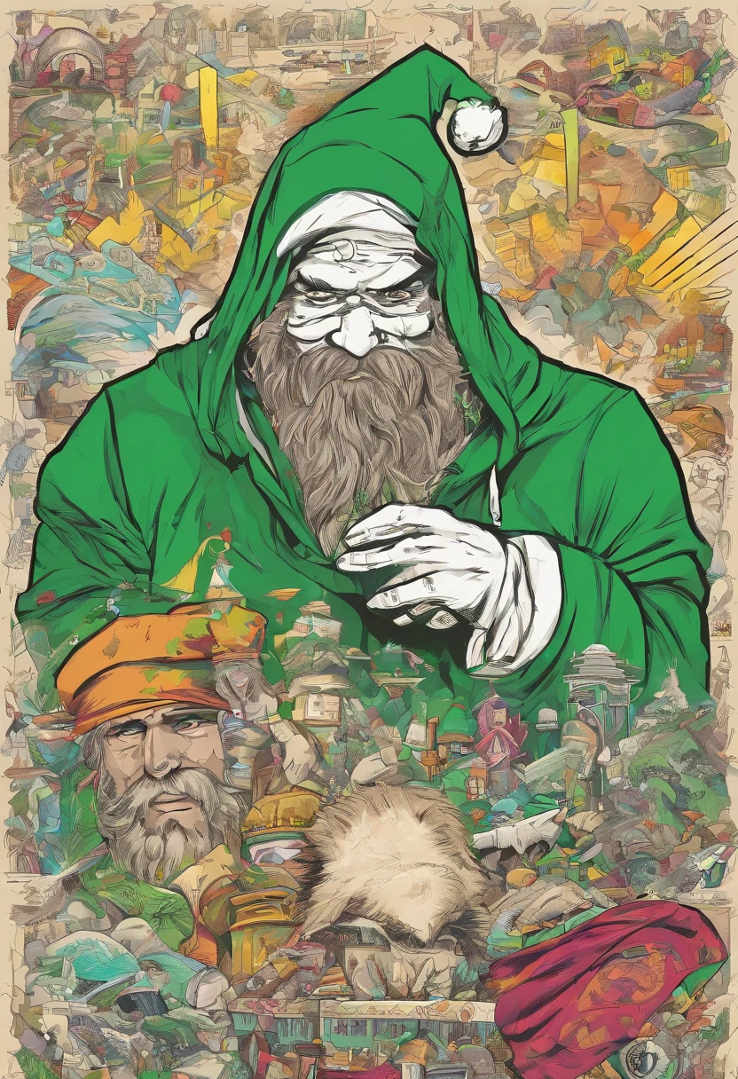 Drawing of a person wearing a green santa hat and white bandana, Detailliertes Gesicht, expressive lines, Angry eyes, neon green eyes, Falten auf der Stirn, dark green painter's suit, Hood of the suit tightly over the head of the face, green santa hat over hood, No skin to be seen except for the face over the bandana