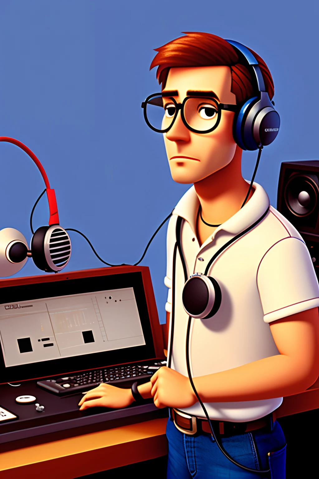 (estilo pixar: 1.25) An image of a man at a soundboard with headphones and glasses