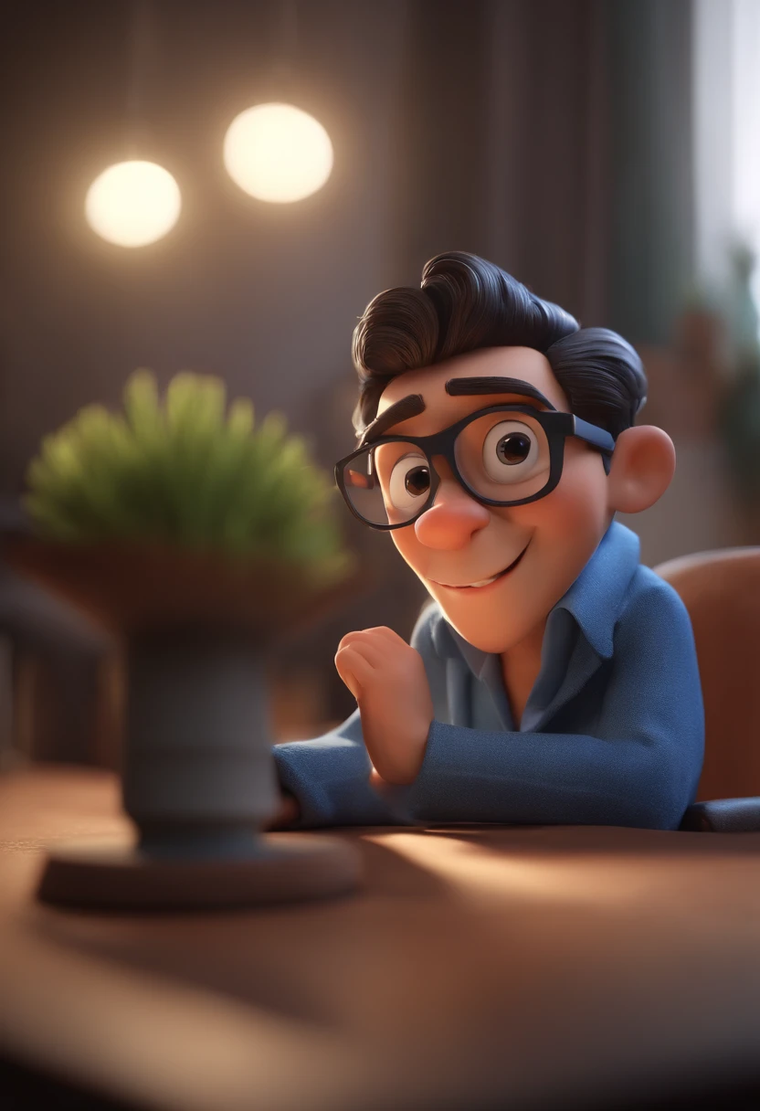 Cartoon character of a man with black glasses and a blue shirt, animation character, Caractere estilizado, animation style rendering, 3D estilizado, Arnold Maya render, 3 d render stylized, toon render keyshot, Personagem 3D, Personagem 3D, 3d rendering stylized, 3 d character render, personagem de desenho animado, Personagem de close up, Pose de personagem,  (Estilo Pixar) (master part:1.2) (Bokeh) (best quality) (pele detalhada) (textura detalhada) (8k) (argila) (Cinematic lighting) (foco nítido