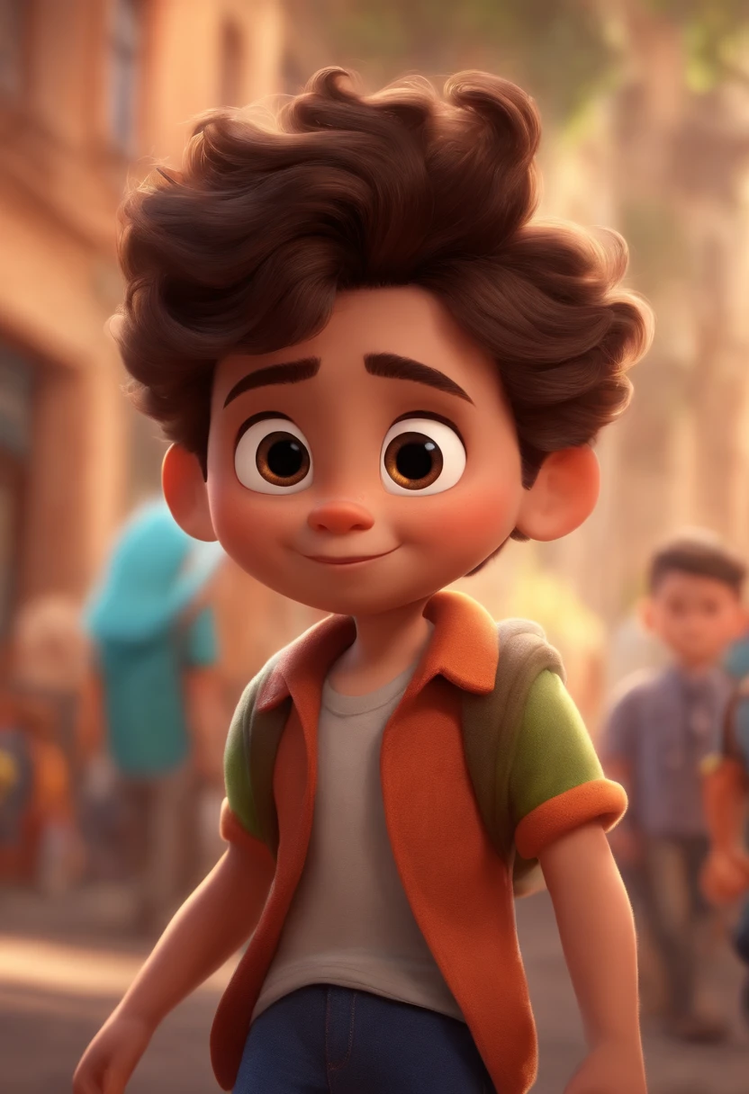Image of a boy for a story in a YouTube video in Pixar format, He's the allabester, He's the class leader, He's outgoing, Playful and gets up for a lot of things, cabelo curto com o ereto