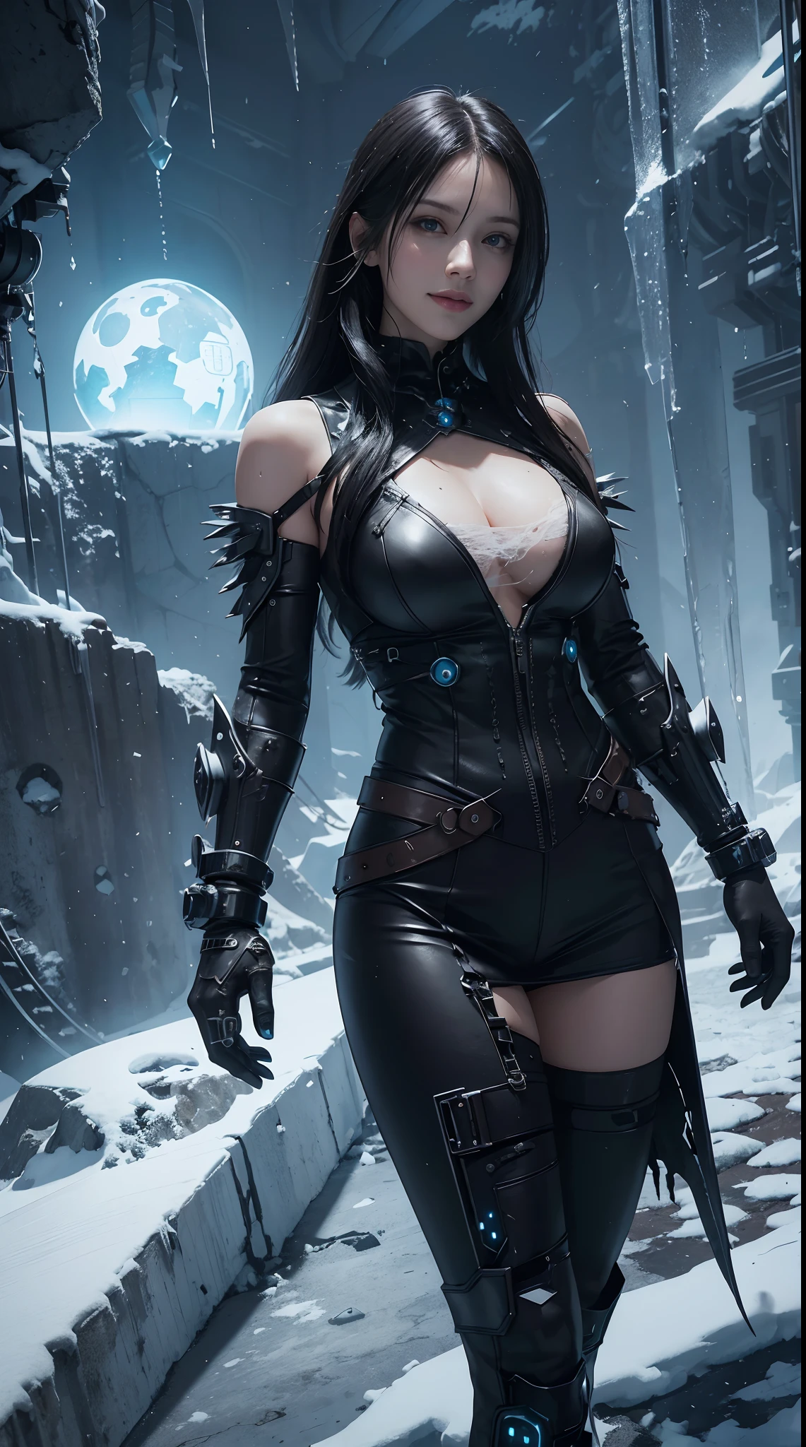 Cyberpunk, mechanical, broken, there is a picture of a very large iceberg, cyberpunk, mechanical, broken, with a lot of snow, dungeon background, icicle background, arena background, game background, dark dark cave background,a female warrior laying,((smile:1))