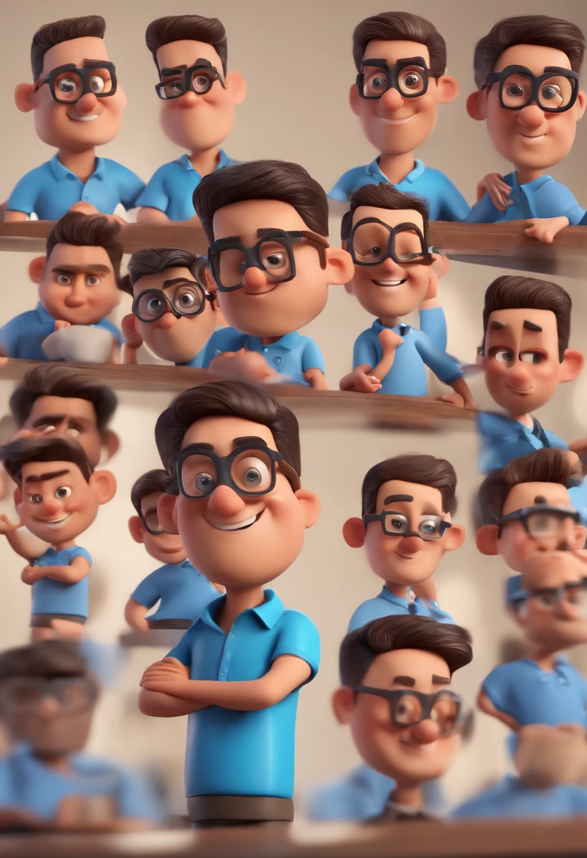 Cartoon character of a man with black glasses and a blue shirt, animation character, Caractere estilizado, animation style rendering, 3D estilizado, Arnold Maya render, 3 d render stylized, toon render keyshot, Personagem 3D, Personagem 3D, 3d rendering stylized, 3 d character render, personagem de desenho animado, Personagem de close up, Pose de personagem, (Estilo Pixar) (master part:1.2) (Bokeh) (best quality) (pele detalhada) (textura detalhada) (8k) (argila) (Cinematic lighting) (foco nítido
