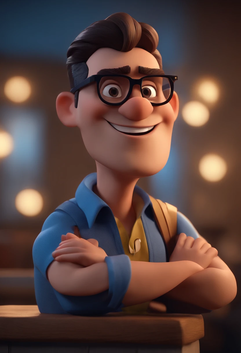 Cartoon character of a man with black glasses and a blue shirt, animation character, Caractere estilizado, animation style rendering, 3D estilizado, Arnold Maya render, 3 d render stylized, toon render keyshot, Personagem 3D, Personagem 3D, 3d rendering stylized, 3 d character render, personagem de desenho animado, Personagem de close up, Pose de personagem,  (Estilo Pixar) (master part:1.2) (Bokeh) (best quality) (pele detalhada) (textura detalhada) (8k) (argila) (Cinematic lighting) (foco nítido