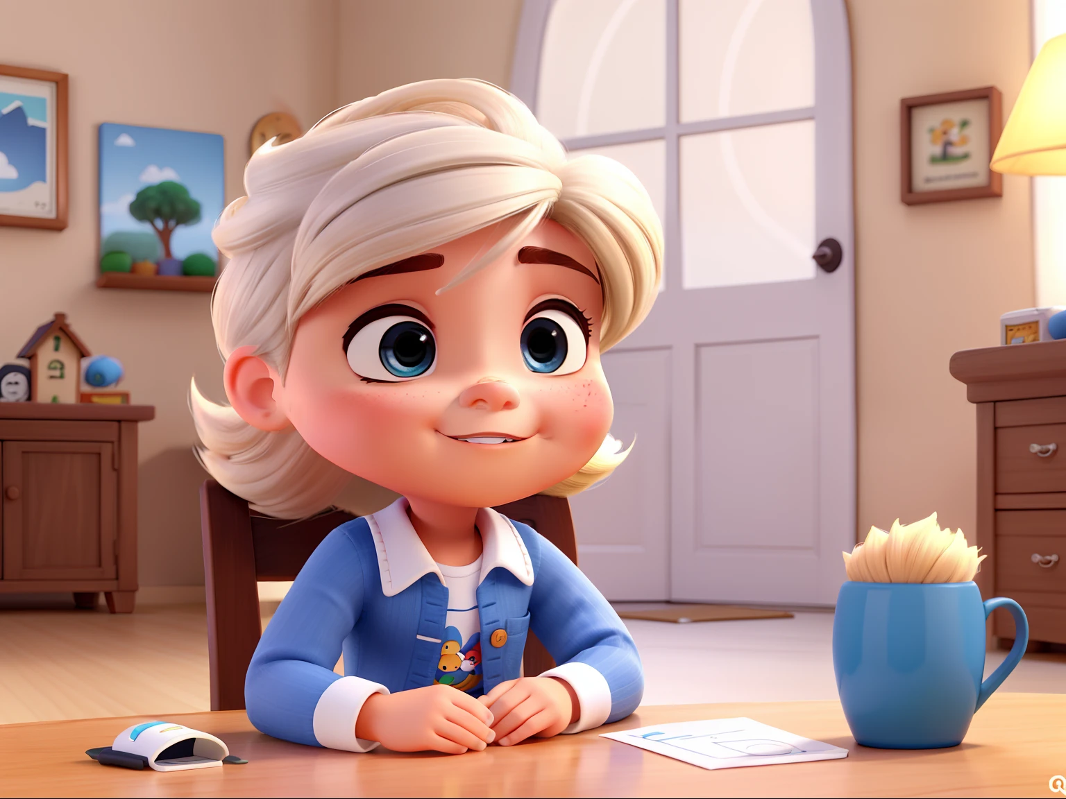 mulher de cabelos cacheados, menino branco de cabelos cacheados, homem de barba sentado na mesa, com uma bebe estilo disney pixar alta qualidade, melhor qualidade