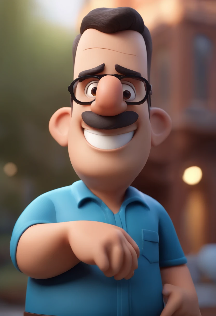 Cartoon character of a man wearing black glasses and a blue shirt, um personagem animado, Caractere estilizado, animation style rendering, 3D estilizado, Arnold Maya render, 3 d render stylized, toon render keyshot, Personagem 3D, Personagem 3D, 3d rendering stylized, 3 d character render, personagem de desenho animado, Personagem de close up, Pose de personagem, (Estilo Pixar) (master part:1.2) (Bokeh) (best quality) (pele detalhada) (textura detalhada) (8k) (argila) (Cinematic lighting) (foco nítido,Senta e vaza a parte superior do corpo