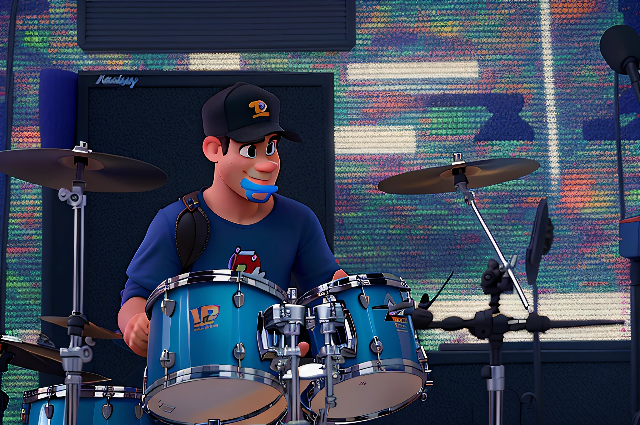 Um homem tocando bateria no estilo disney pixar, alta qualidade, melhor qualidade