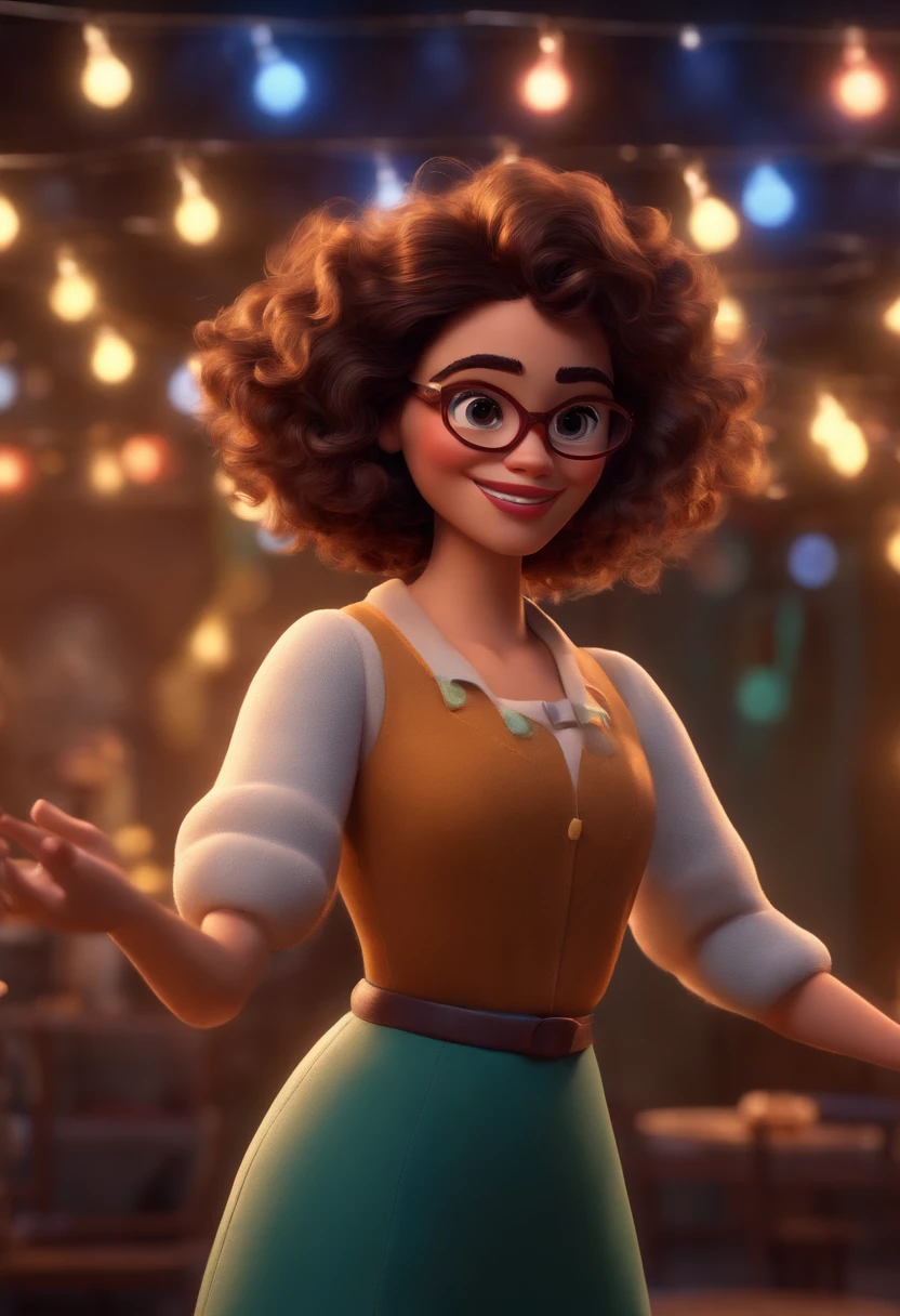 Pixar style image with 3D character white glasses brunette woman short curly hair dancing, Maquiagem Disney,Pescador, bonitinho, sorridente ,Close-up, Pixar, Disney, Cinema lighting,