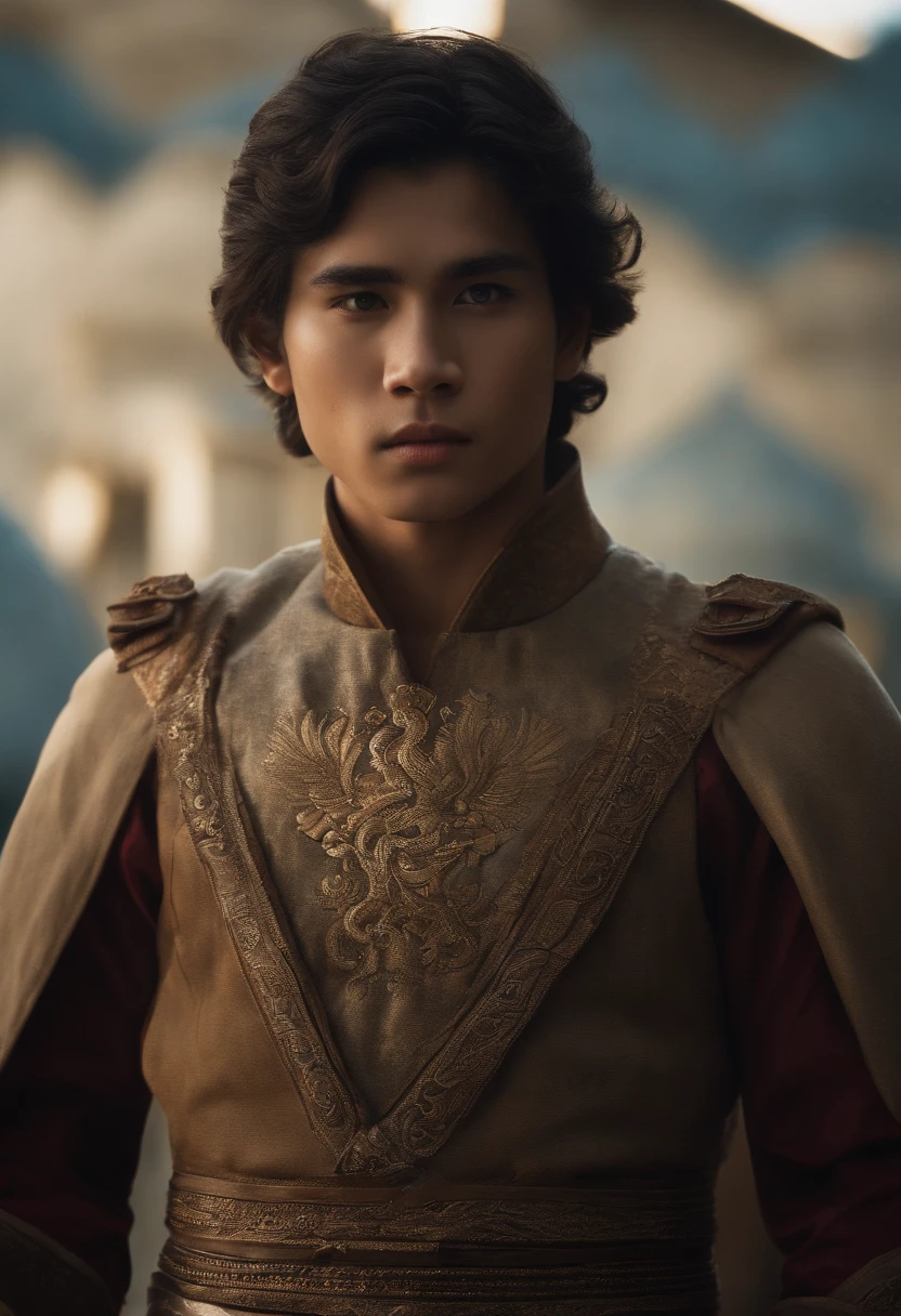 It's an elaborate and intricate fantasy portrait that depicts a robust and determined seventeen-year-old man with an aura, a huge bright blue light behind him, cabelo preto brilhante, Dragons and phoenixes flying, luz dourada, Estilo de artes marciais chinesas.