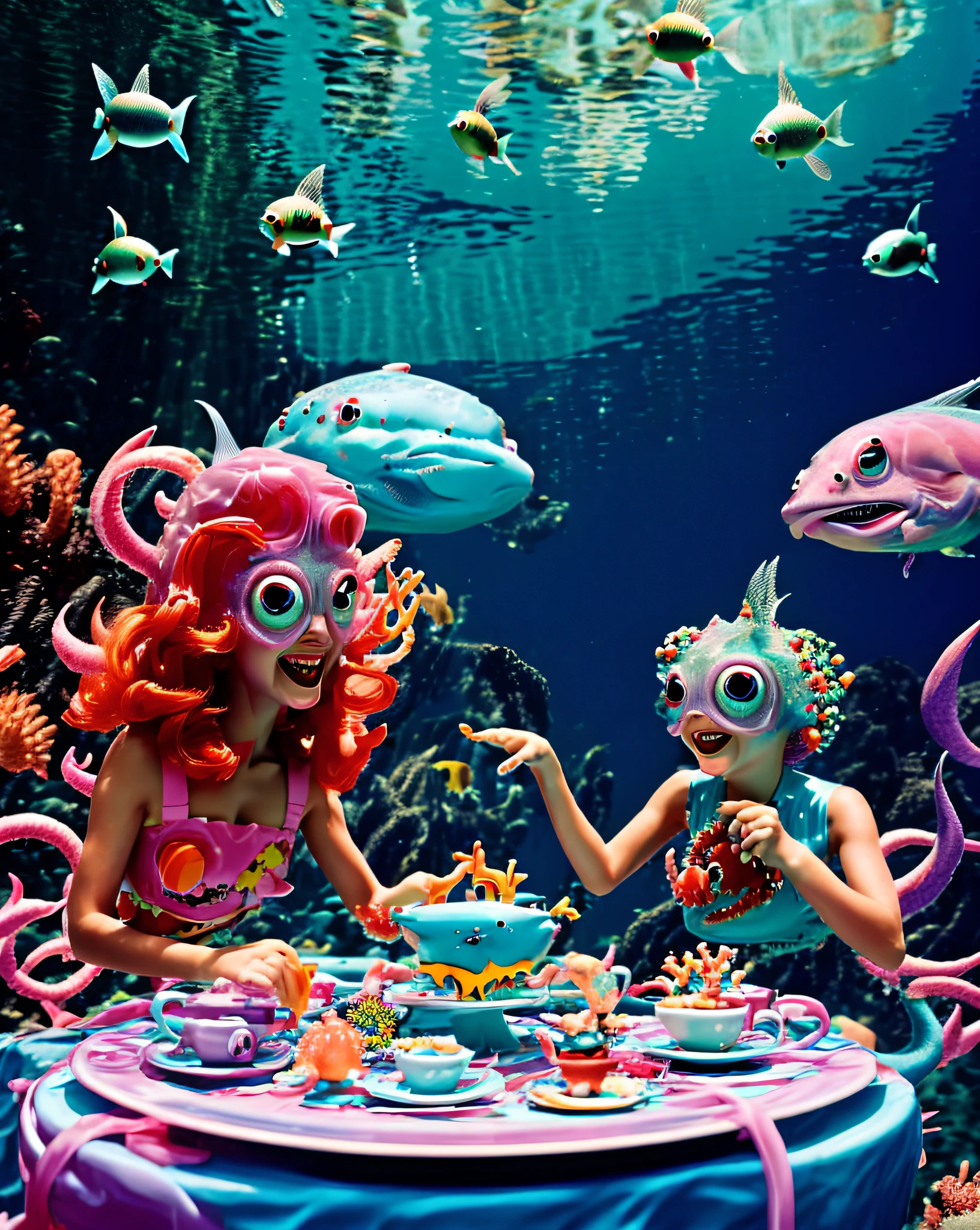 A whimsical underwater tea party hosted by mermaids, colorful fish and aquatic creatures joining in the festivities, captured in a playful and vibrant illustration that radiates joy and imagination.  ,