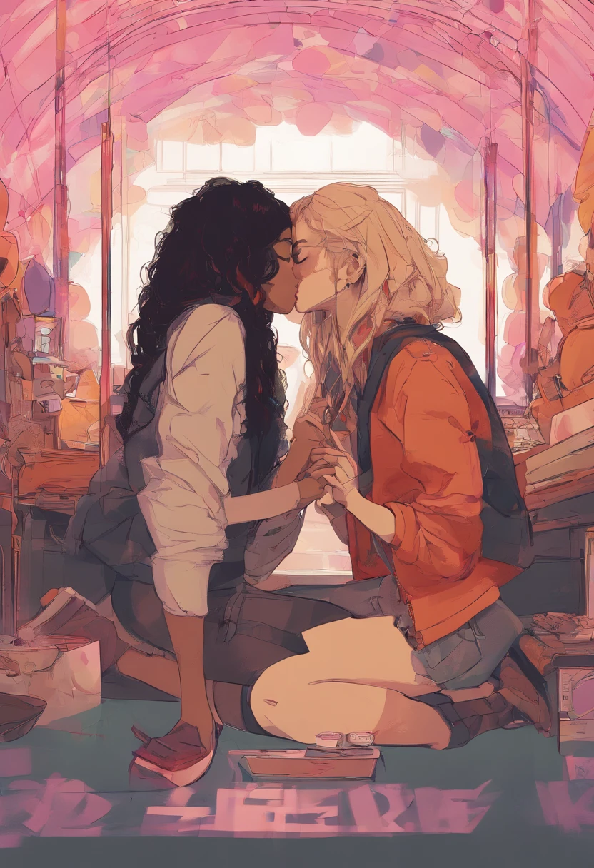 two women kissing each other in a dark room, lesbian kiss, lesbian embrace, two women kissing at a carnival, lesbians, kiss, lesbian, kissing, kiss mouth to mouth, kissing together cutely, filmstill, aurora aksnes and zoë kravitz, screenshot from a movie, kissing each other, full scene shot, x, portrait of two girls kissing, tomboy