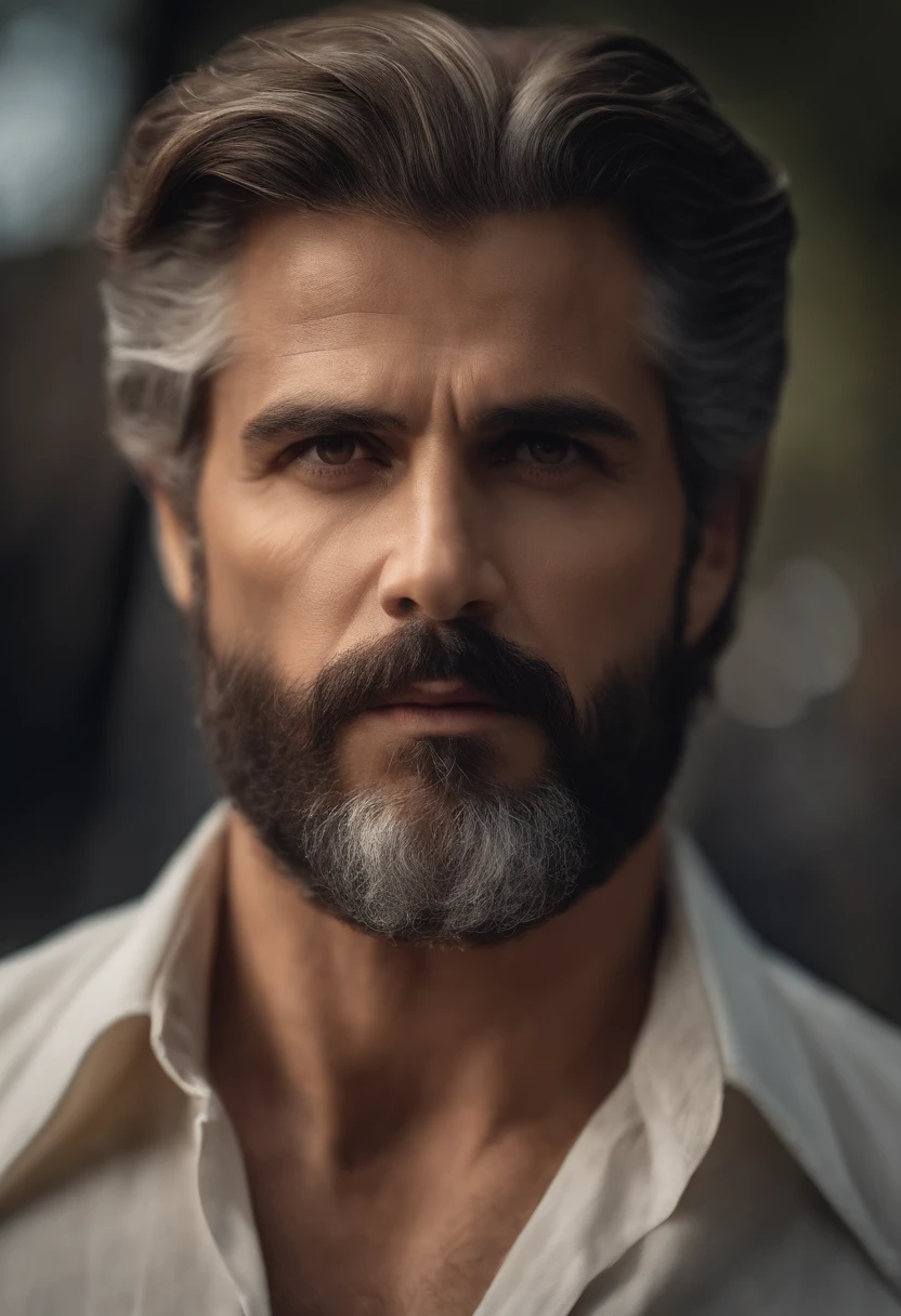 Um senhor de 46 anos calvo, cabelos grisalhos e barba desenhada (escola 1.5 em segundo plano) (expression serious, frio 1.5) (best quality: 1.1) (master part: 1.3) with an unparalleled masterpiece, surreal 8K, Perfect artwork, Super Detalhe, best quality, masterpiece 4K wallpaper aesthetics, master part, Obra premiada, Arte Oficial, Cinematic lighting