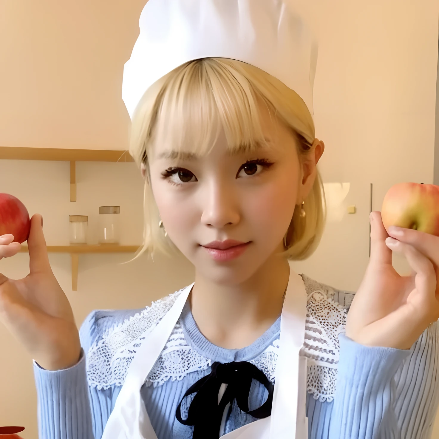 Hay una mujer sosteniendo dos manzanas en sus manos, Lalisa Manobal, Show de cocina, Lalisa Manoban de Blackpink, cooking, Parque Roseanne de Blackpink, tzuyu de dos veces, con Apple, vestido de pastelero, Mukbang, Ruan lindo vtuber, ❤🔥🍄🌪, 🍁 Lindo, con sombrero de chef blanco