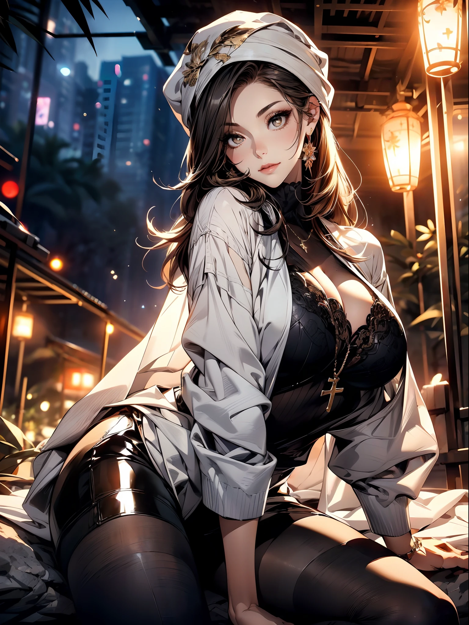 a matured woman with long black hair and a white outfit, (at a rock place in a desert:1.5), (resting in oasis:1.2, sitting with spreading legs:1.5, Yoga posing, with cross-legged:1.3, Indian style, in front of full moon:1.2), Arabic, (Post apocalyptic:0.0), from arknights, artwork in the style of guweiz, bodyesbian, fine details. girls frontline, beautiful anime illustration, from girls frontline, by Yang J, stunning, 26 years old, (milf:1.3), (solo:1.5), (sfw:1.25), sagging breast, large breasts, big tits, thin waist, big ass, Raised sexy, (dark mahogany medium short hair, updo, hair over one eye, asymmetric hair, Carly hair, low tied),(musulman, white Headscarfs, hair bands, head vandage, Turban), (ultra high resolution, 8K RAW photo, photo realistics, thin outline:1.3, clear focus), best qualtiy, natural lighting, blurry back ground, field depth, bokeh, (Bright pupils, detailed beautiful eyes, high detailed face), Red lip, looking away, (dynamic angle, front view:1.1, crotch focus:1.3, from above), dynamic posing, sexy posing, leaning forward, seductive smiling, center image, (wearing white long jacket and clothes, wearing white robes, platinum ornaments, rolling white clothes around waist, camel-brown long leather boots:1.3, translucent lace pantyhose), ((correct anatomy:1.5)), ((outdoor:1.2, in a night:1.3)),