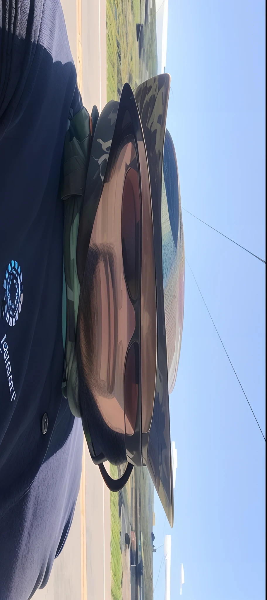 There's a man wearing a hat and sunglasses on a road, imagem de qualidade muito baixa, usando camuflagem, Fotografia selfie 8k, olhando de lado, taken in the early 2020s, with a weird hat, foto muito precisa, wearing a travel hat, foto de baixa qualidade, wearing sunglasses and a cap, vacation photo, Alto FOV, Foto de perfil