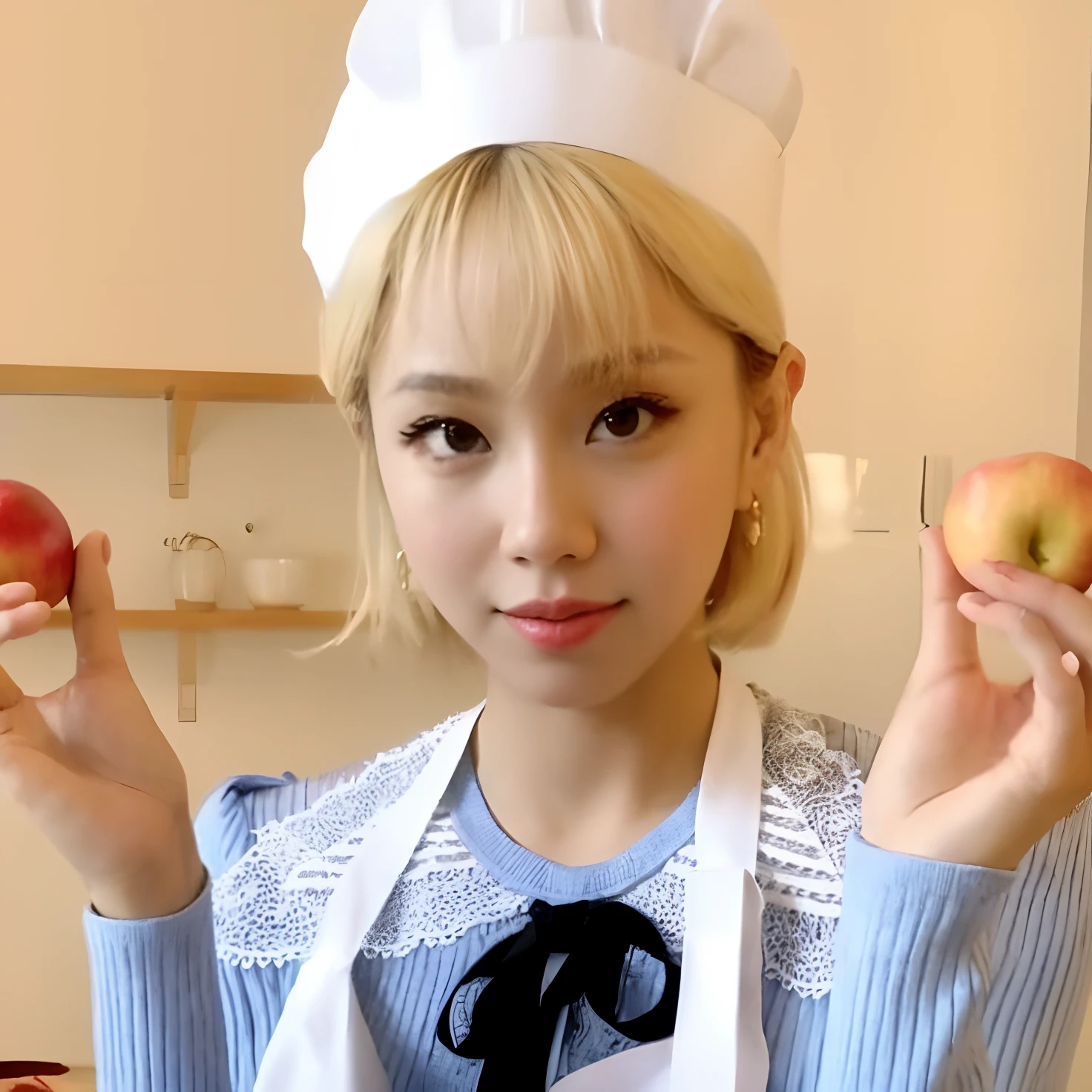 Hay una mujer sosteniendo dos manzanas en sus manos, Lalisa Manobal, Show de cocina, Lalisa Manoban de Blackpink, cooking, Parque Roseanne de Blackpink, tzuyu de dos veces, con Apple, vestido de pastelero, Mukbang, Ruan lindo vtuber, ❤🔥🍄🌪, 🍁 Lindo, con sombrero de chef blanco