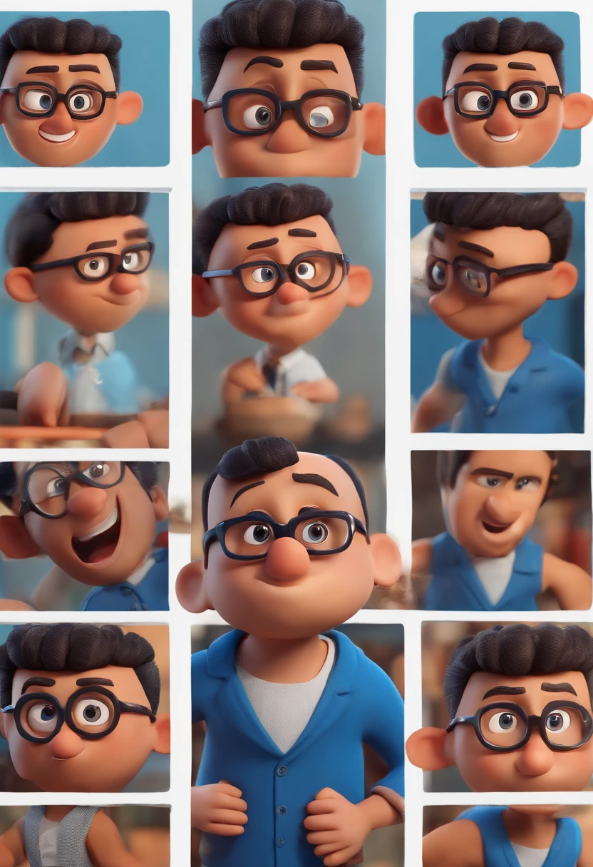 Cartoon character of a man with black glasses and a blue shirt, animation character, Caractere estilizado, animation style rendering, 3D estilizado, Arnold Maya render, 3 d render stylized, toon render keyshot, Personagem 3D, Personagem 3D, 3d rendering stylized, 3 d character render, personagem de desenho animado, Personagem de close up, Pose de personagem, (Estilo Pixar) (master part:1.2) (Bokeh) (best quality) (pele detalhada) (textura detalhada) (8k) (argila) (Cinematic lighting) (foco nítido