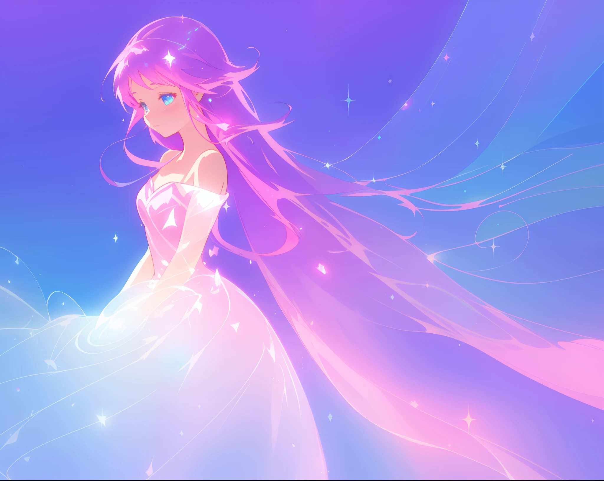 beautiful girl in colorful sparkling flowing ballgown, long flowing purple pink hair, colorful sparkling lights, flowing liquid theme, colorful fantasia background, watercolor illustration, disney art style, glowing aura around her, glowing lights, beautiful digital illustration, fantasia otherworldly landscape plants flowers, beautiful, masterpiece, best quality, anime disney style