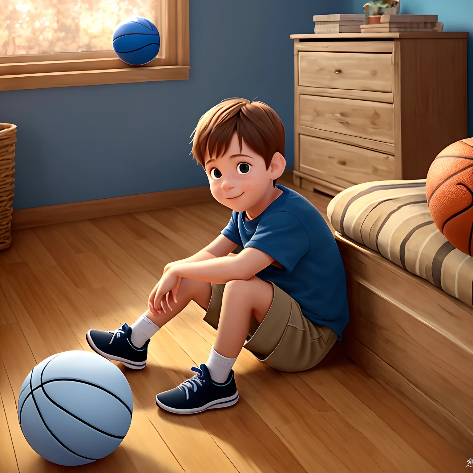 boy seen from the front sitting in the room, surrounded by many basketballs, Pixar style, 3D style, Disney style, 8k, cute
