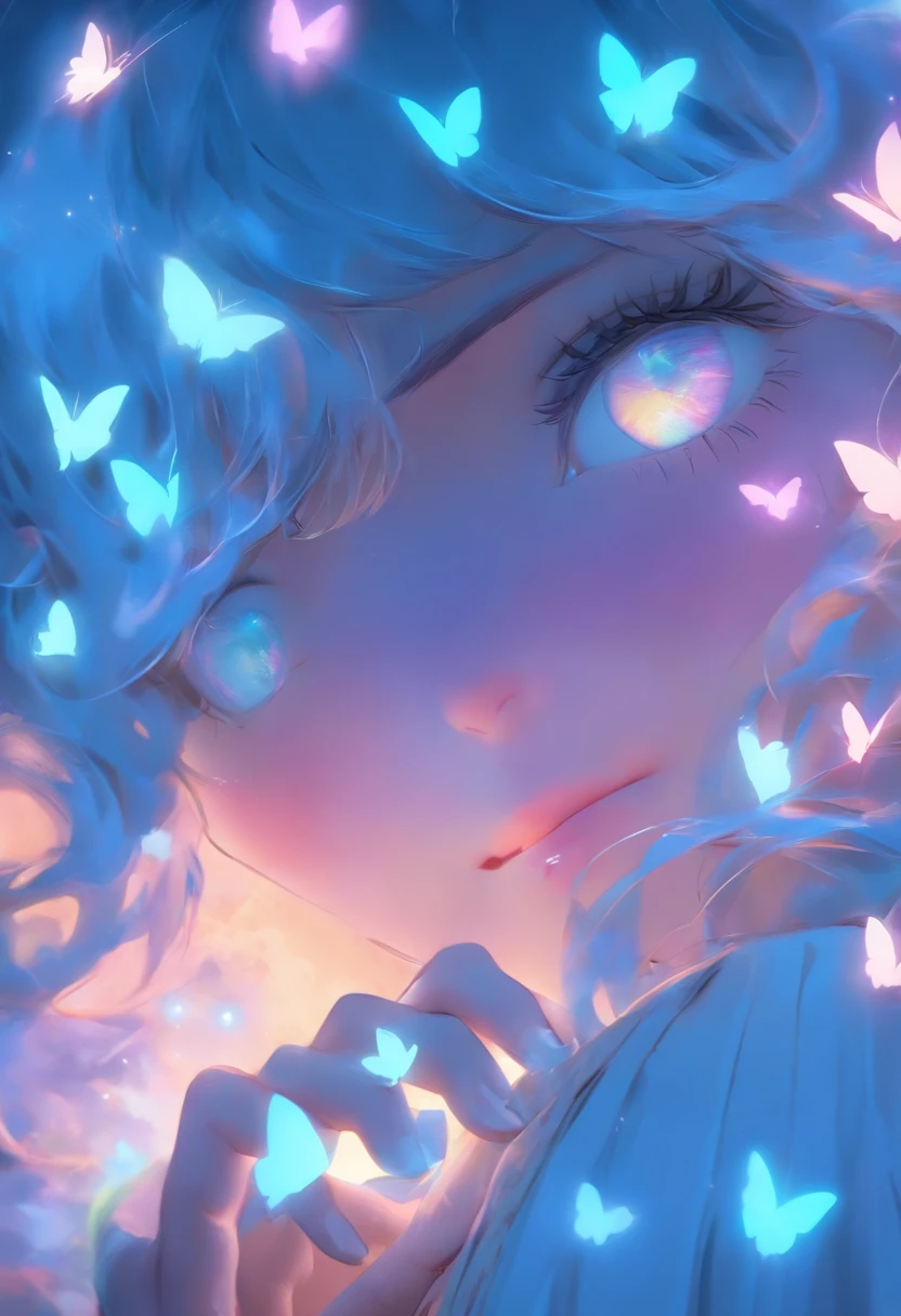 détail, réalisme, 4K, Femmes belles, Détails du visage, Grands yeux bleus, lèvres charnues, nez renversé, Cheveux violets et cheveux gris, porter une robe bleu clair, Chat dans ses mains, Fond bleu clair de lune, Papillon blanc au premier plan, Prise de vue réaliste, profondeur de champs, Lumière avant douce, lueur, nffsw ,(Zoom arrière:1.8),(PastelColors: 1.2), Canon RF 100mm F2.8L 宏 IS USM