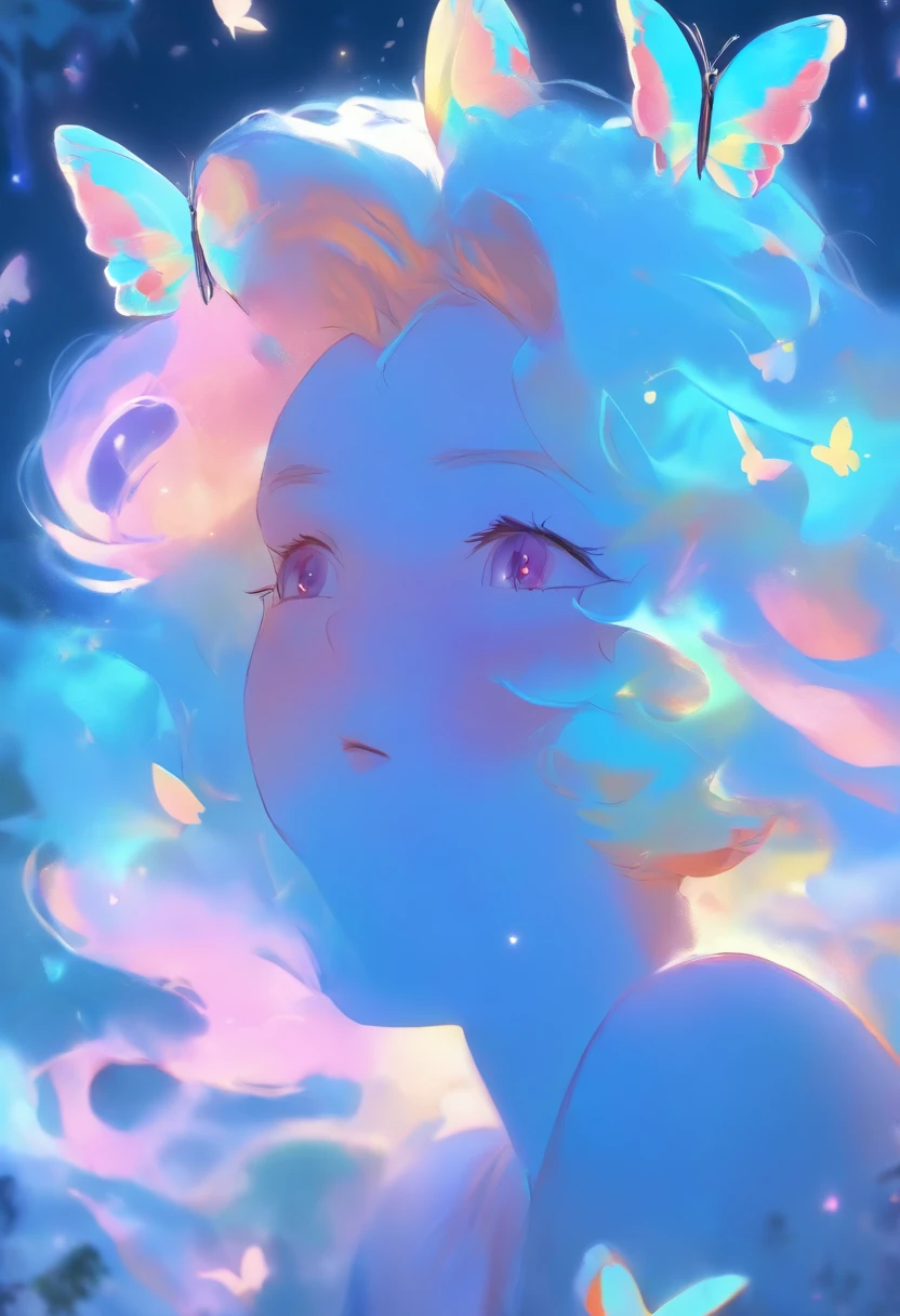 détail, réalisme, 4K, Femmes belles, Détails du visage, Grands yeux bleus, lèvres charnues, nez renversé, Cheveux violets et cheveux gris, porter une robe bleu clair, Chat dans ses mains, Fond bleu clair de lune, Papillon blanc au premier plan, Prise de vue réaliste, profondeur de champs, Lumière avant douce, lueur, nffsw ,(Zoom arrière:1.8),(PastelColors: 1.2), Canon RF 100mm F2.8L 宏 IS USM
