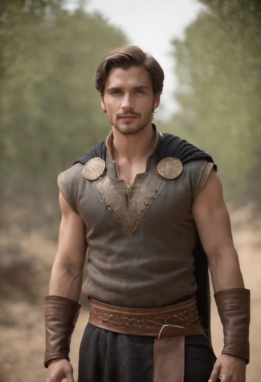 Homme en costume, Pretty male, barbe, elegant, Belle et attrayante, dark skinned, souche de cheveux couvrant le front, short cut hair, Neat hair, Haut, viril, Corpo Hunk, brawny, broad shoulder, visage droit, cheveux noirs, beste-Qualit, high resolucion: 1.2, шедевр, rendering, background dark, Detailed costume, face detailed, Upper body pulled, arms crossed, Runic scene in the background