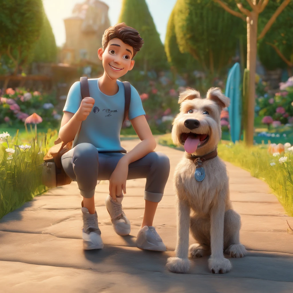 Lucas is a smiling -yeld hu boy, com seu fiel amigo, Bolt, o cachorro schnauzer, deitados no jardim