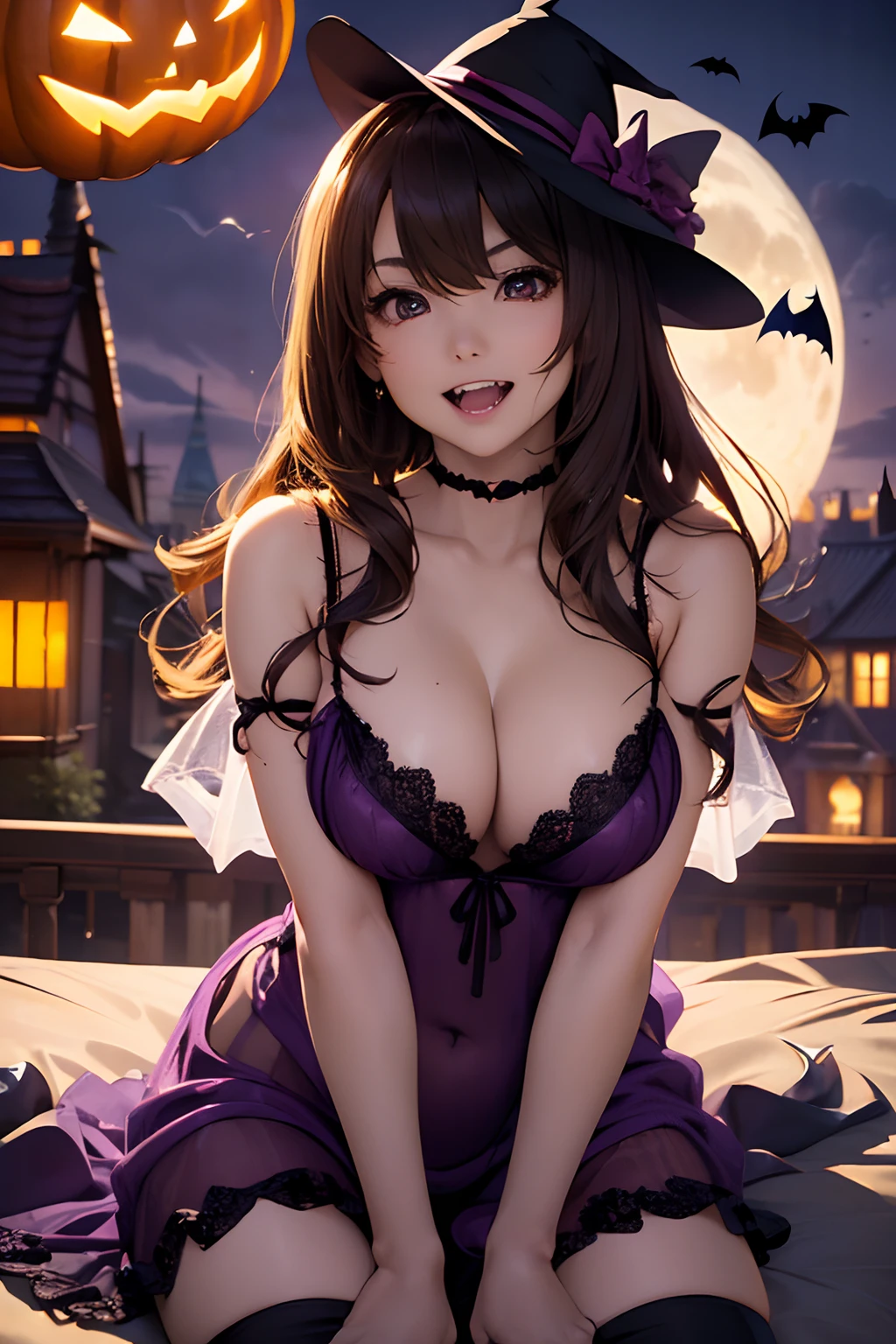 Secret Pose、Cute secret pose、wink、(((Halloween Costumes))), (((Halloween cityscape))) (((Vampire Fangs: 1.8)))、natta、Moon Night、deep in the night、Western-style ancient capital、european castles、a woman vampire、(((Sexy Dracula)))、(((Fang teeth:1.3)))、((Vampire Fangs:1))、((tusk))、female vampire、A sexy、pale skin、((pale skin))、(Melancholy beautiful face)、Beautiful expression、(Sexy face)、Nipple bumps, (((Lower breast)))、knee high socks、(((Big ))), Beautiful 、long boots、Super fine face、Delicat eyes、Double eyelids、Jump Aheface、Mansuji、Sujiman、 Line、(Doya face)、((((negligee)))), Sexy costumes