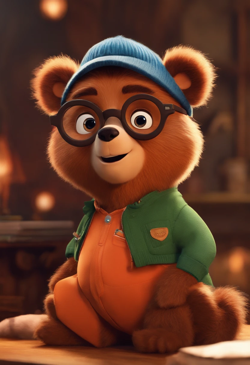 Menino estilo desenho animado, Pixar, wearing round glasses, segurando um urso de pelucia, roupa de escoteiro,