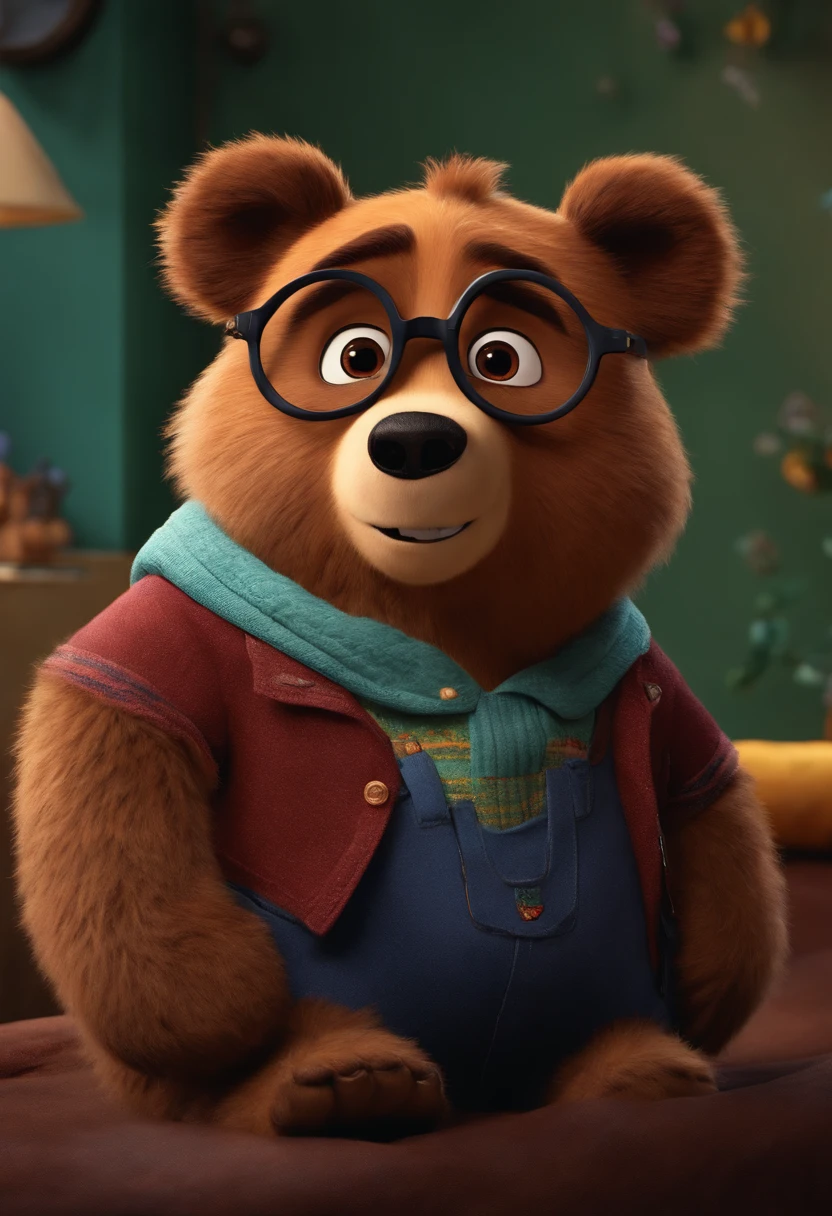 Menino estilo desenho animado, Pixar, wearing round glasses, segurando um urso de pelucia, roupa de escoteiro,