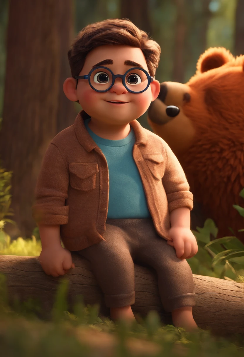 estilo desenho animado, Pixar, wearing round glasses, segurando um urso de pelucia, roupa de escoteiro,