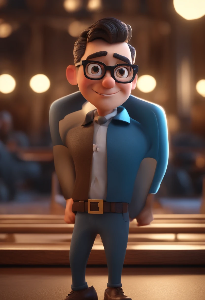 Cartoon character of a man with black glasses and a blue shirt, animation character, Caractere estilizado, animation style rendering, 3D estilizado, Arnold Maya render, 3 d render stylized, toon render keyshot, Personagem 3D, Personagem 3D, 3d rendering stylized, 3 d character render, personagem de desenho animado, Personagem de close up, Pose de personagem,  (Estilo Pixar) (master part:1.2) (Bokeh) (best quality) (pele detalhada) (textura detalhada) (8k) (argila) (Cinematic lighting) (foco nítido
