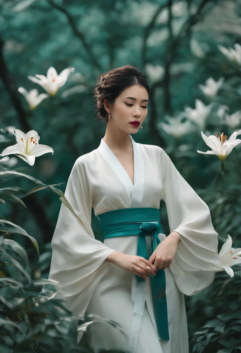 1girl, sozinho, de cima, (white lily flowers), aesthetic, intrincado, best quality, Antecedentes detalhados, Sayaka Miki, ((menina vestindo um quimono teal estampado:1.2)), (Caminhando no Jardim Zen), Pose casual, texturas detalhadas, Posando, estampa fLoral, Flor do cabelo, ornamento de cabelo, Roupas japonesas, quimono, Obi, ao ar livre, pagode, Petals, (quimono teal), cinta, Sanctuary, heaven, escadas de pedra, Torii, mangas largas, Yukata