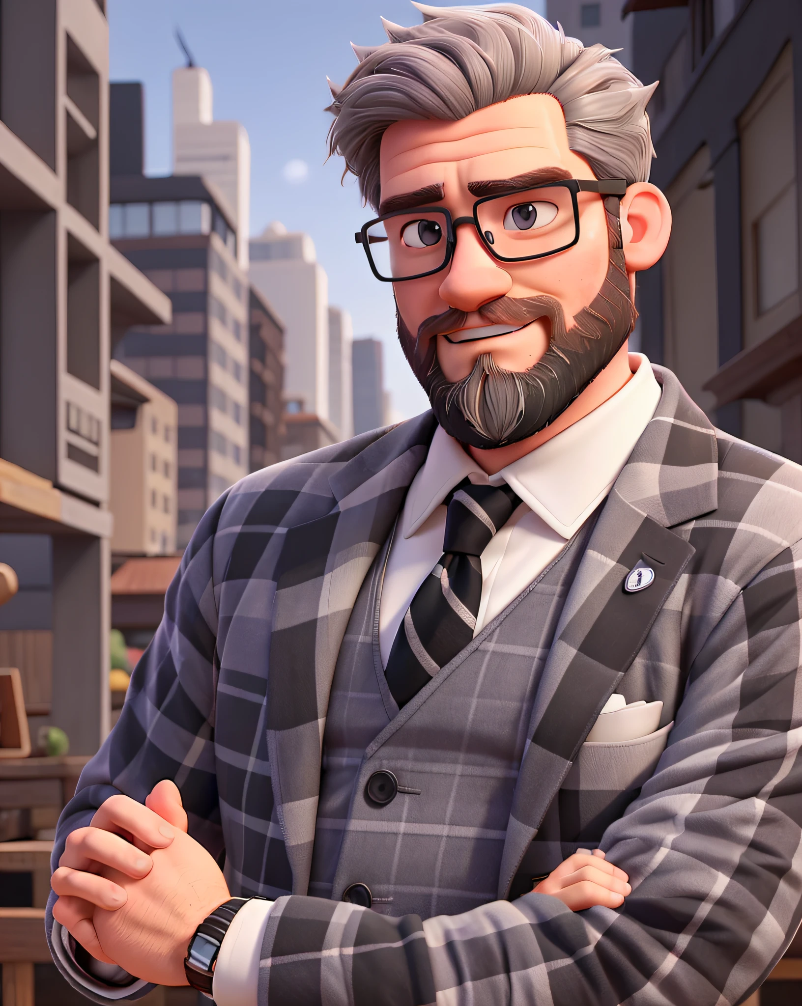 "32-year-old white man. Graying hair. Lumberjack-style beard. Wearing a black suit. Athletic build with broad shoulders. Small eyes. Rectangular transparent glasses. Diamond-shaped face