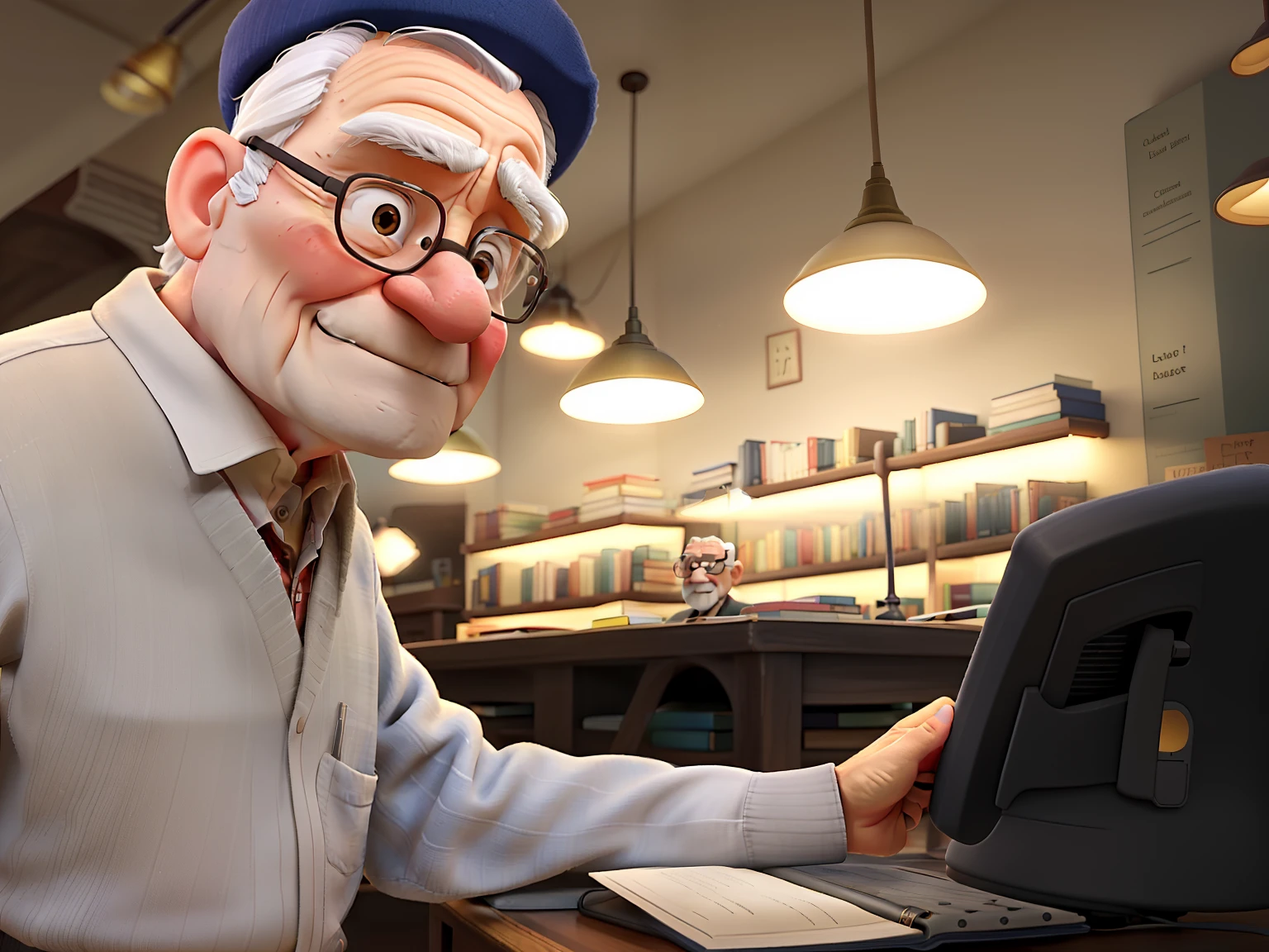 A wise old man standing in front, illuminated by the light of a lamp, against the backdrop of a library
