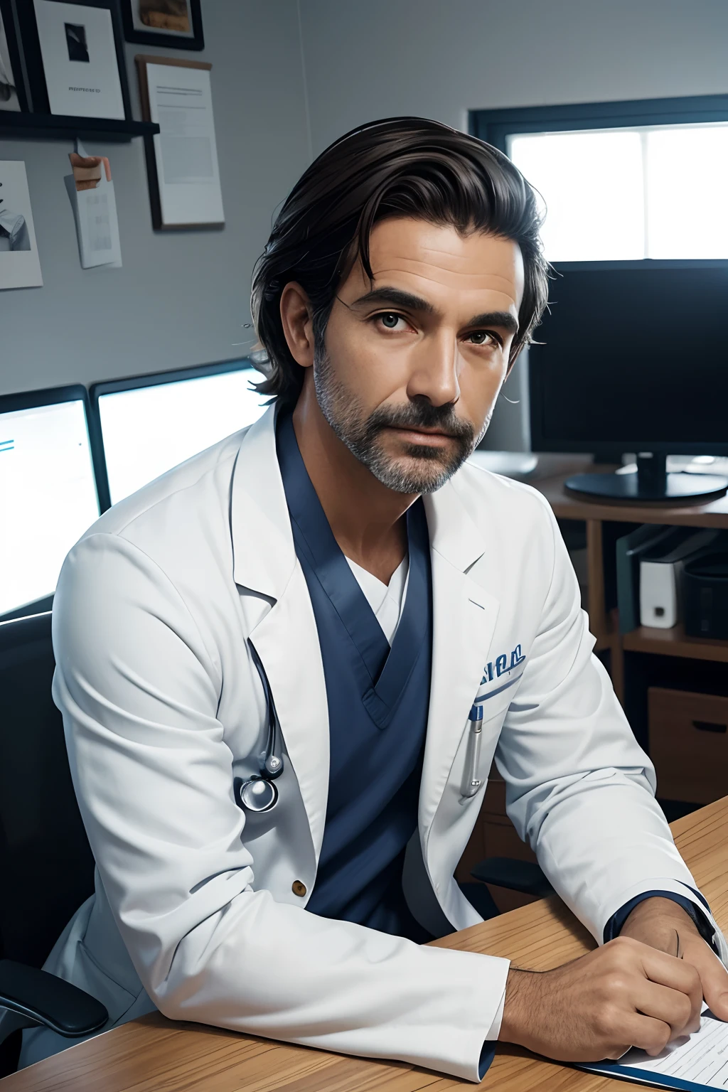 Homem de terno branco e gravata sentado em uma mesa, foto de um homem de 50 anos de idade, sitting at desk, wearing a medical suit, foto corporativa, retrato profissional hd, wearing white doctors suit, sentado em uma mesa, uma foto de um homem, foto de perfil profissional, sitting behind desk, com cabelo grisalho