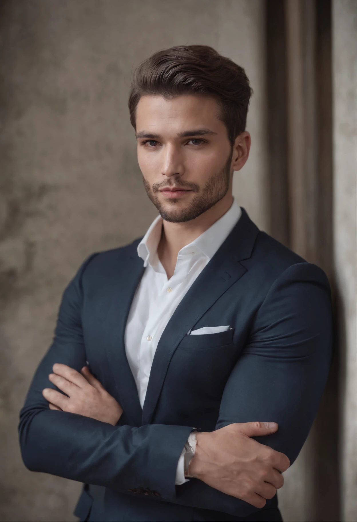 Homme en costume, Pretty male, barbe, elegant, Belle et attrayante, dark skinned, souche de cheveux couvrant le front, short cut hair, Neat hair, Haut, viril, Corpo Hunk, brawny, broad shoulder, visage droit, cheveux noirs, beste-Qualit, high resolucion: 1.2, tmasterpiece, rendering, background dark, Detailed costume, face detailed, Upper body pulled, arms crossed, Runic scene in the background