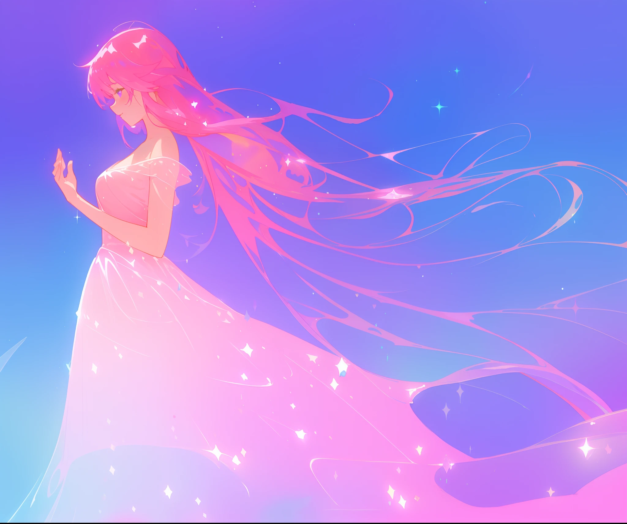 beautiful girl in colorful sparkling flowing ballgown, long flowing purple pink hair, colorful sparkling lights, flowing liquid theme, colorful fantasia background, watercolor illustration, disney art style, glowing aura around her, glowing lights, beautiful digital illustration, fantasia otherworldly landscape plants flowers, beautiful, masterpiece, best quality, anime disney style