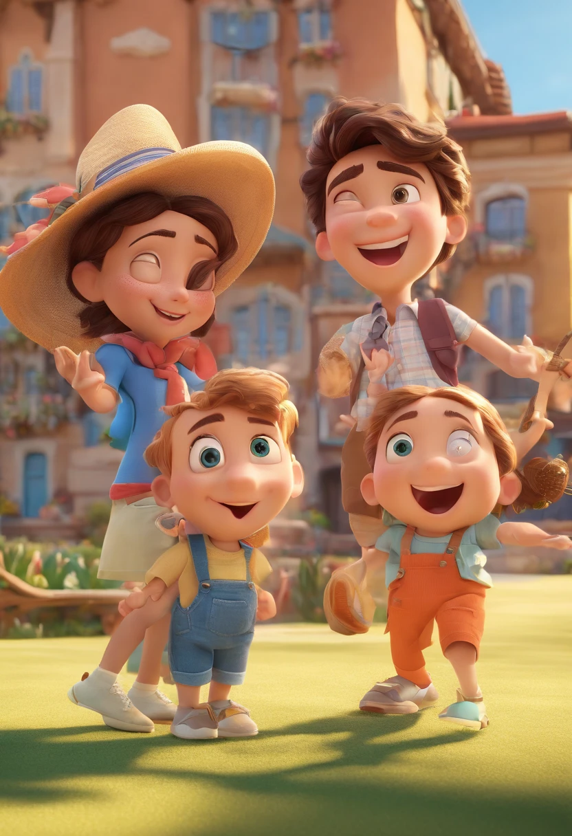 Cartoon of friends having fun on vacation together, 3D Animation Movie Poster, Poster de filme animado, pixar 3 d animation style, pixar renderman rendering, maia 8 mil, animated film, Disney Pixar Estilo 3D, amigos felizes saem juntos, all wearing light blue shirts and cream brown long pants, camisa azul clara, cream brown pants, ao ar livre, vacation, Disney Pixar Animation Poster