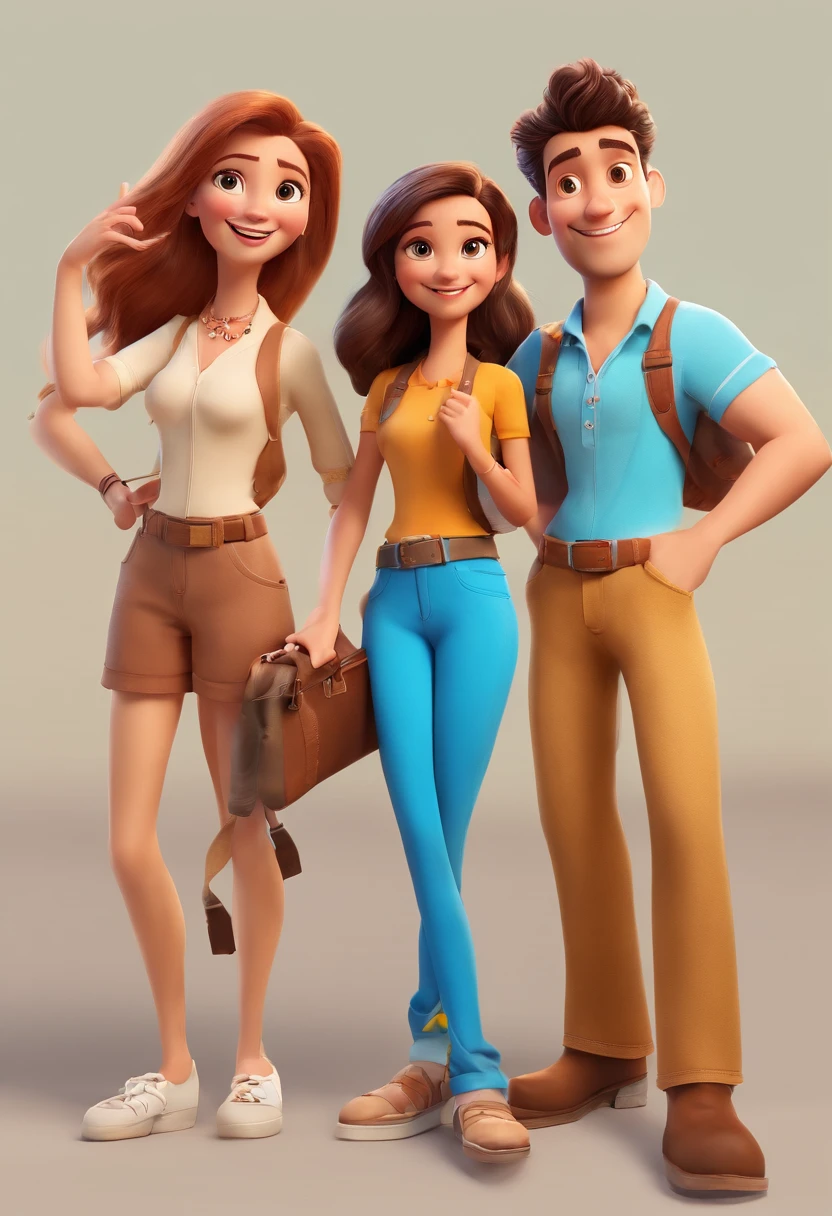 Cartoon of friends having fun on vacation together, 3D Animation Movie Poster, Poster de filme animado, pixar 3 d animation style, pixar renderman rendering, maia 8 mil, animated film, Disney Pixar Estilo 3D, amigos felizes saem juntos, all wearing light blue shirts and cream brown long pants, camisa azul clara, cream brown pants, ao ar livre, vacation, Disney Pixar Animation Poster