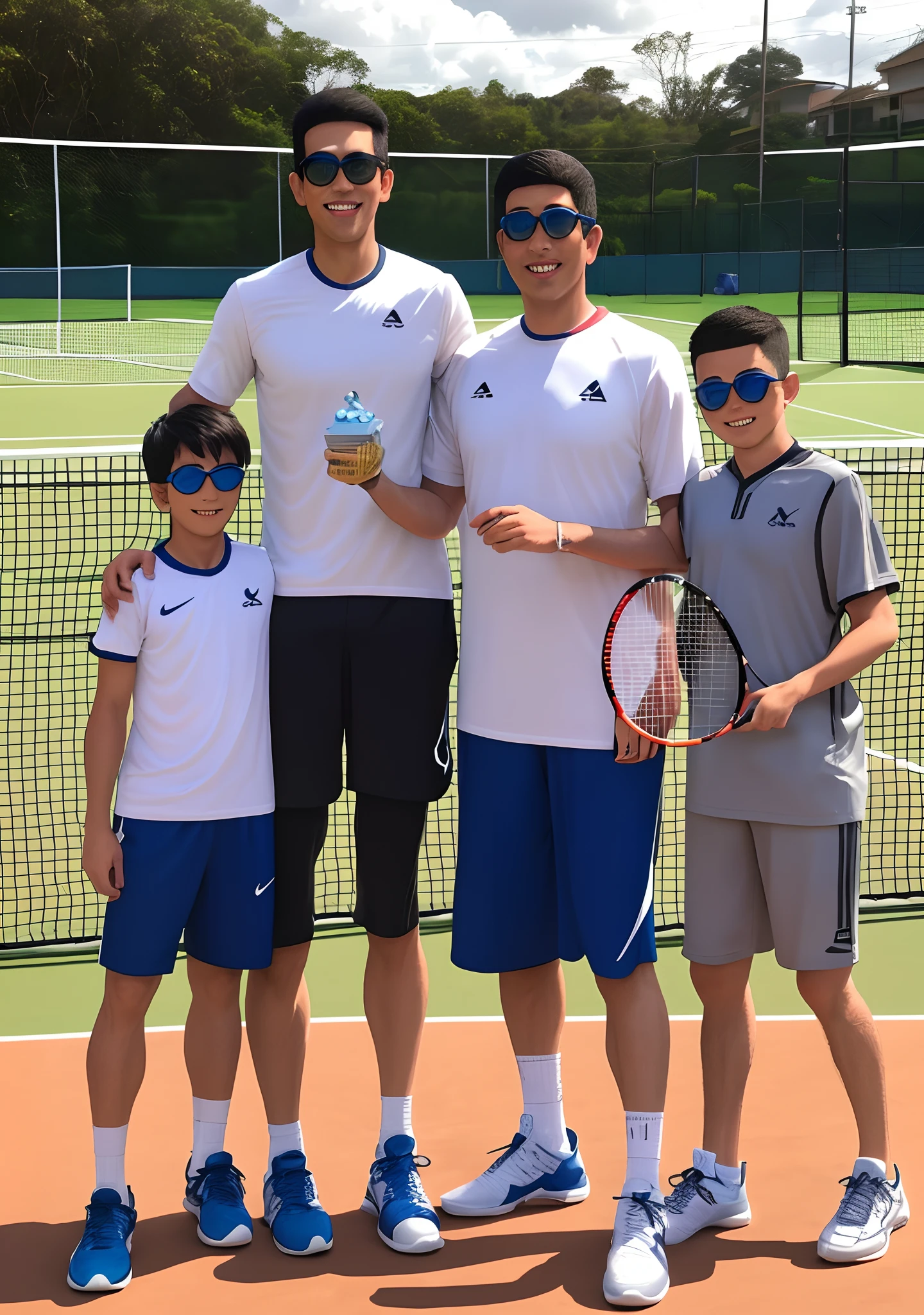 Pai e filho oriental de oculos jogando tenis de mesa