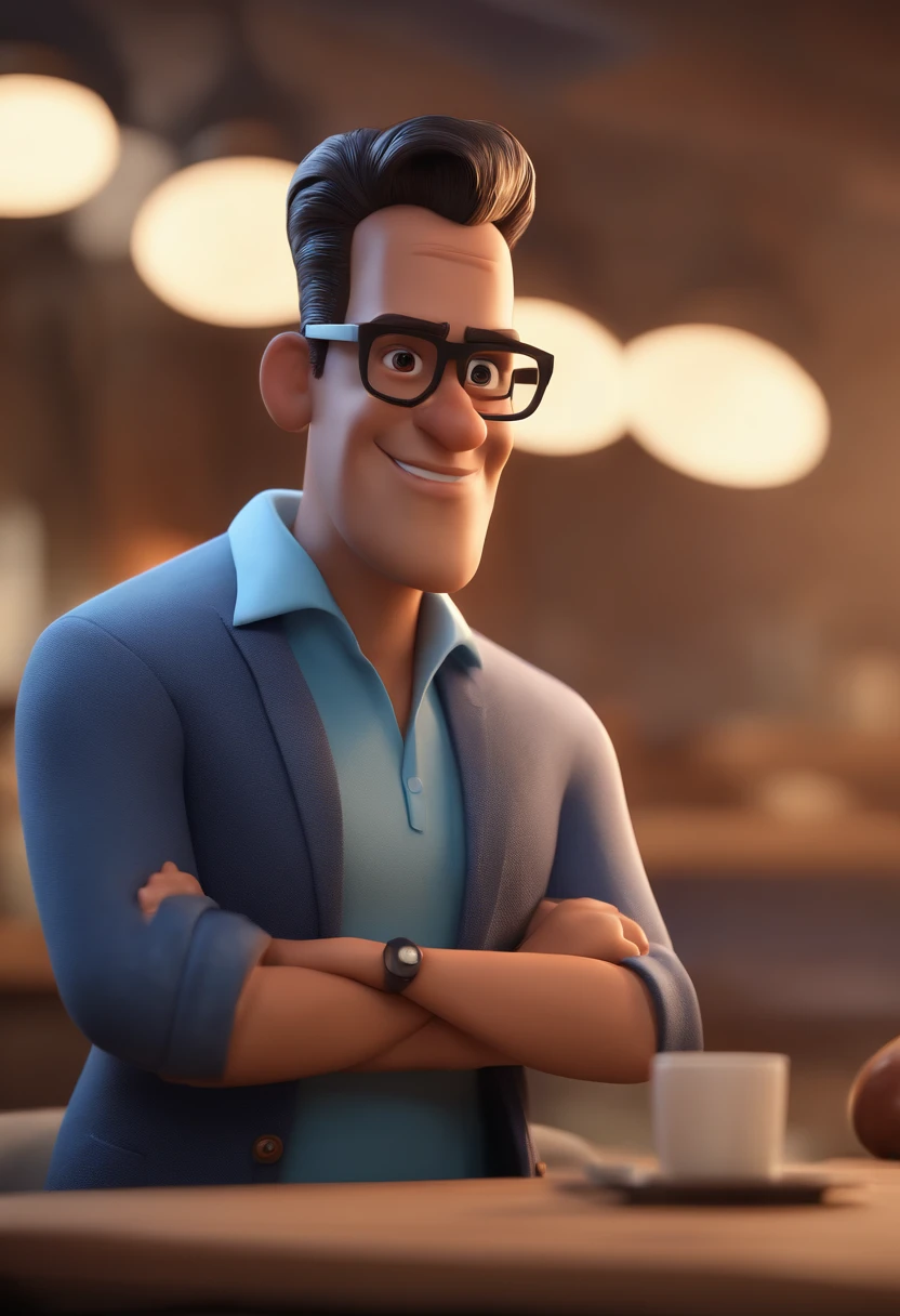 Cartoon character of a man with black glasses and a blue shirt, animation character, Caractere estilizado, animation style rendering, 3D estilizado, Arnold Maya render, 3 d render stylized, toon render keyshot, Personagem 3D, Personagem 3D, 3d rendering stylized, 3 d character render, personagem de desenho animado, Personagem de close up, Pose de personagem, (Estilo Pixar) (master part:1.2) (Bokeh) (best quality) (pele detalhada) (textura detalhada) (8k) (argila) (Cinematic lighting) (foco nítido