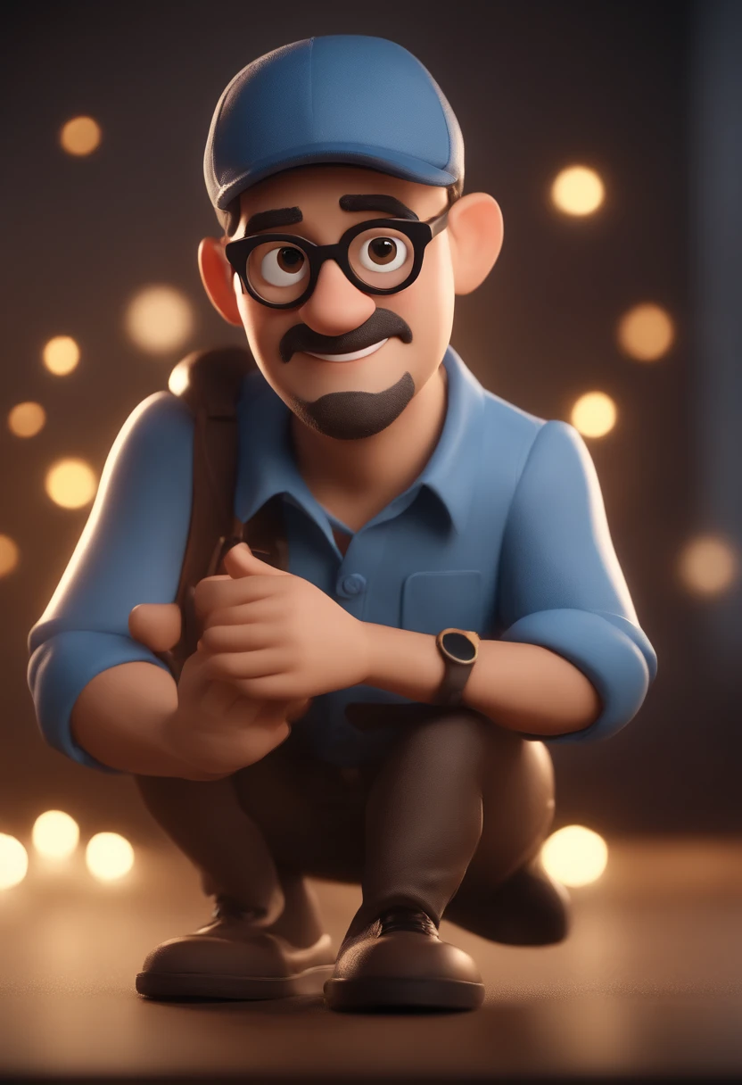 Cartoon character of a man wearing black glasses and a blue shirt, um personagem animado, Caractere estilizado, animation style rendering, 3D estilizado, Arnold Maya render, 3 d render stylized, toon render keyshot, Personagem 3D, Personagem 3D, 3d rendering stylized, 3 d character render, personagem de desenho animado, Personagem de close up, Pose de personagem, (Estilo Pixar) (master part:1.2) (Bokeh) (best quality) (pele detalhada) (textura detalhada) (8k) (argila) (Cinematic lighting) (foco nítido,Senta e vaza a parte superior do corpo